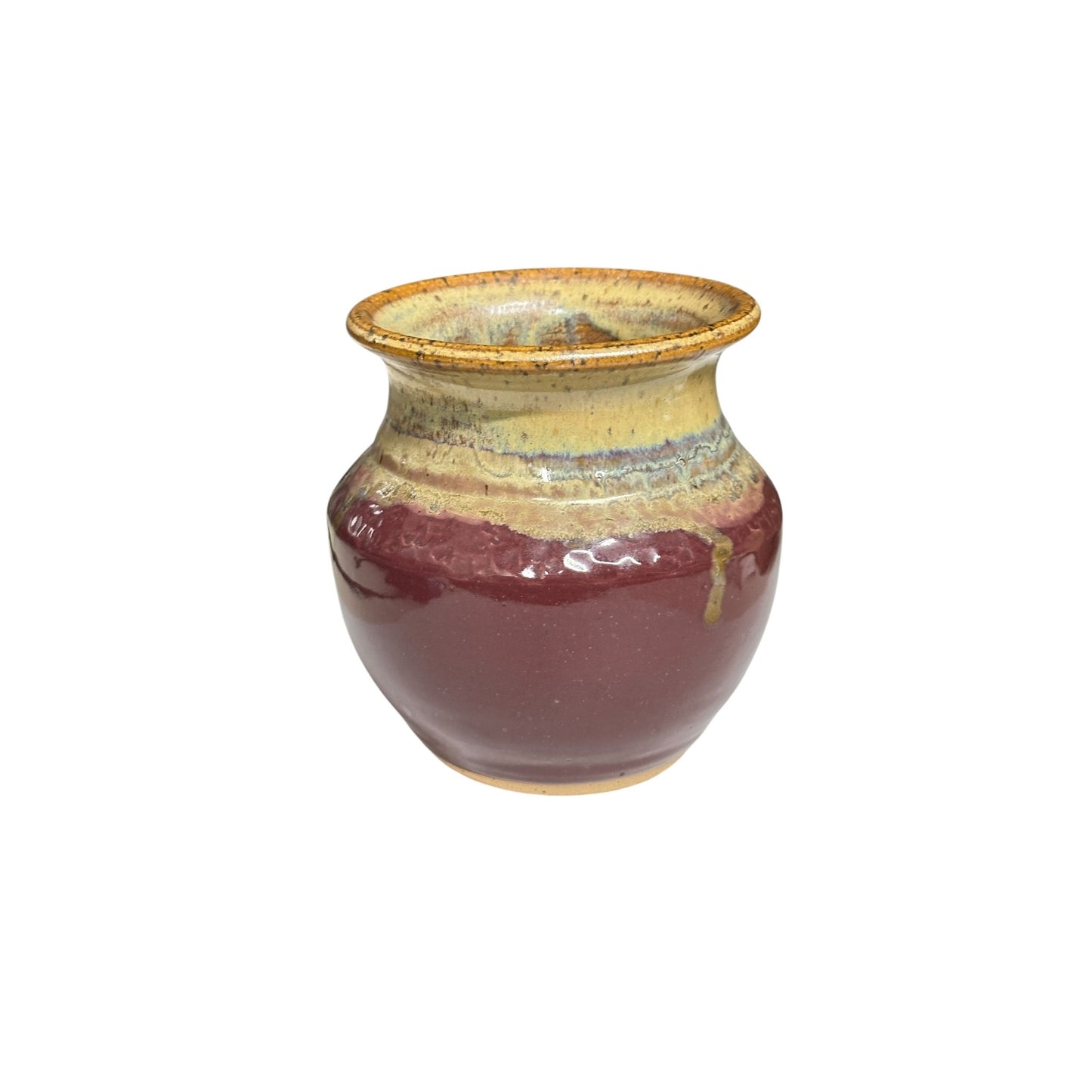 Signed Studio Art Pottery Vase Burgundy & Ochre Drip Glaze Dated 2000
