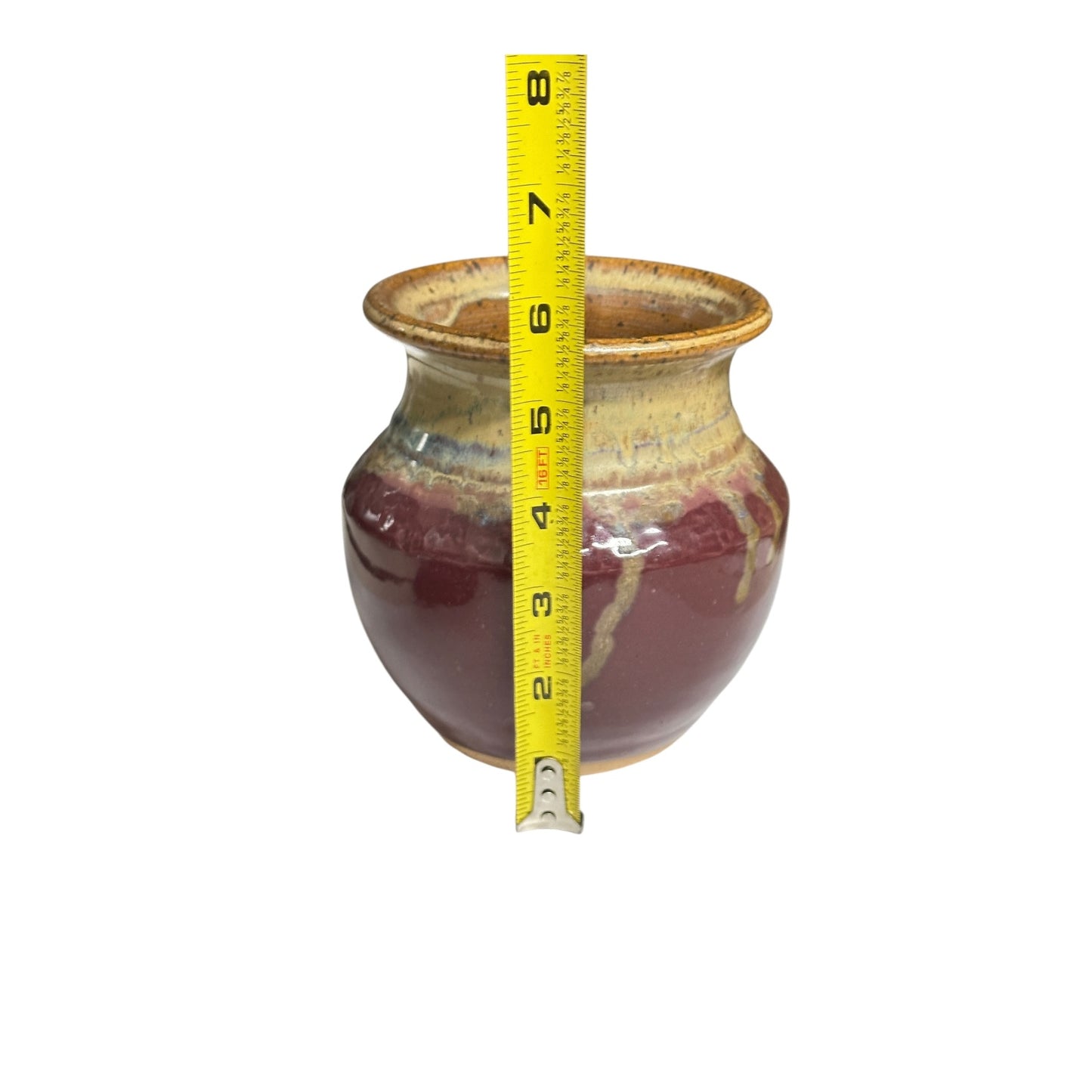 Signed Studio Art Pottery Vase Burgundy & Ochre Drip Glaze Dated 2000