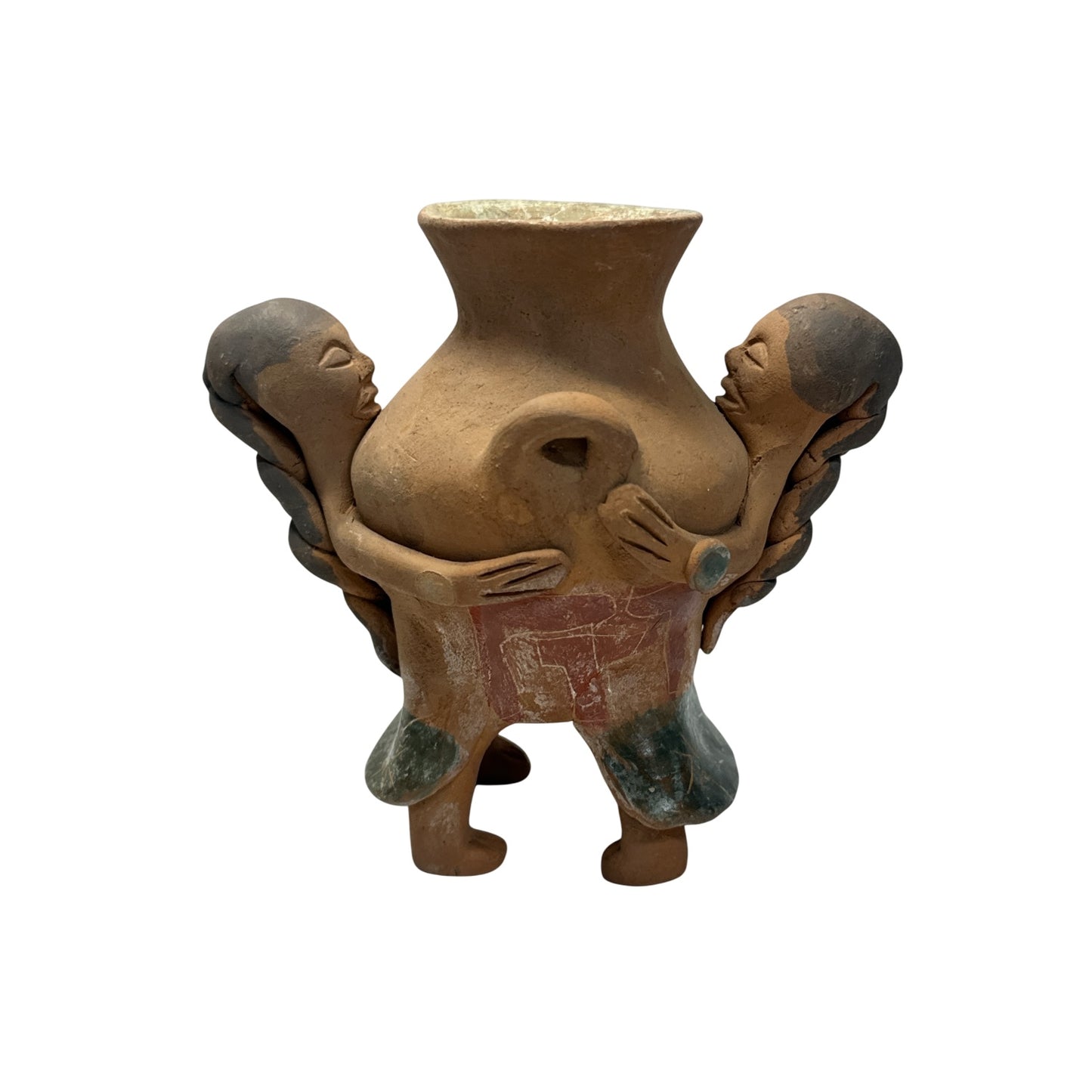 Vintage Terracotta 'Embrace' Vase, Mexican Folk Art Figural Pottery