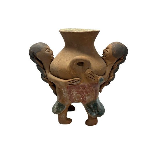 Vintage Terracotta 'Embrace' Vase, Mexican Folk Art Figural Pottery