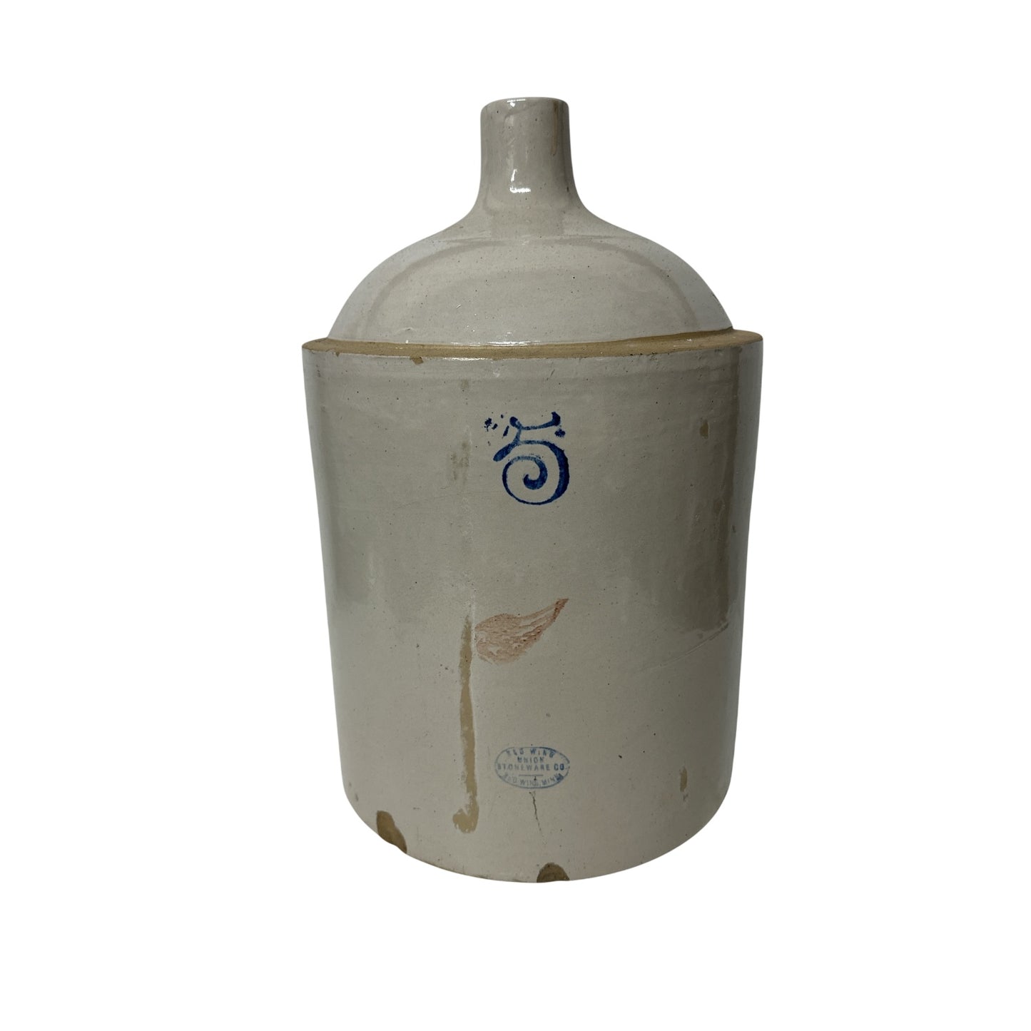 Antique Red Wing 5 Gallon Stoneware Crock Jug, Cobalt Wing Logo