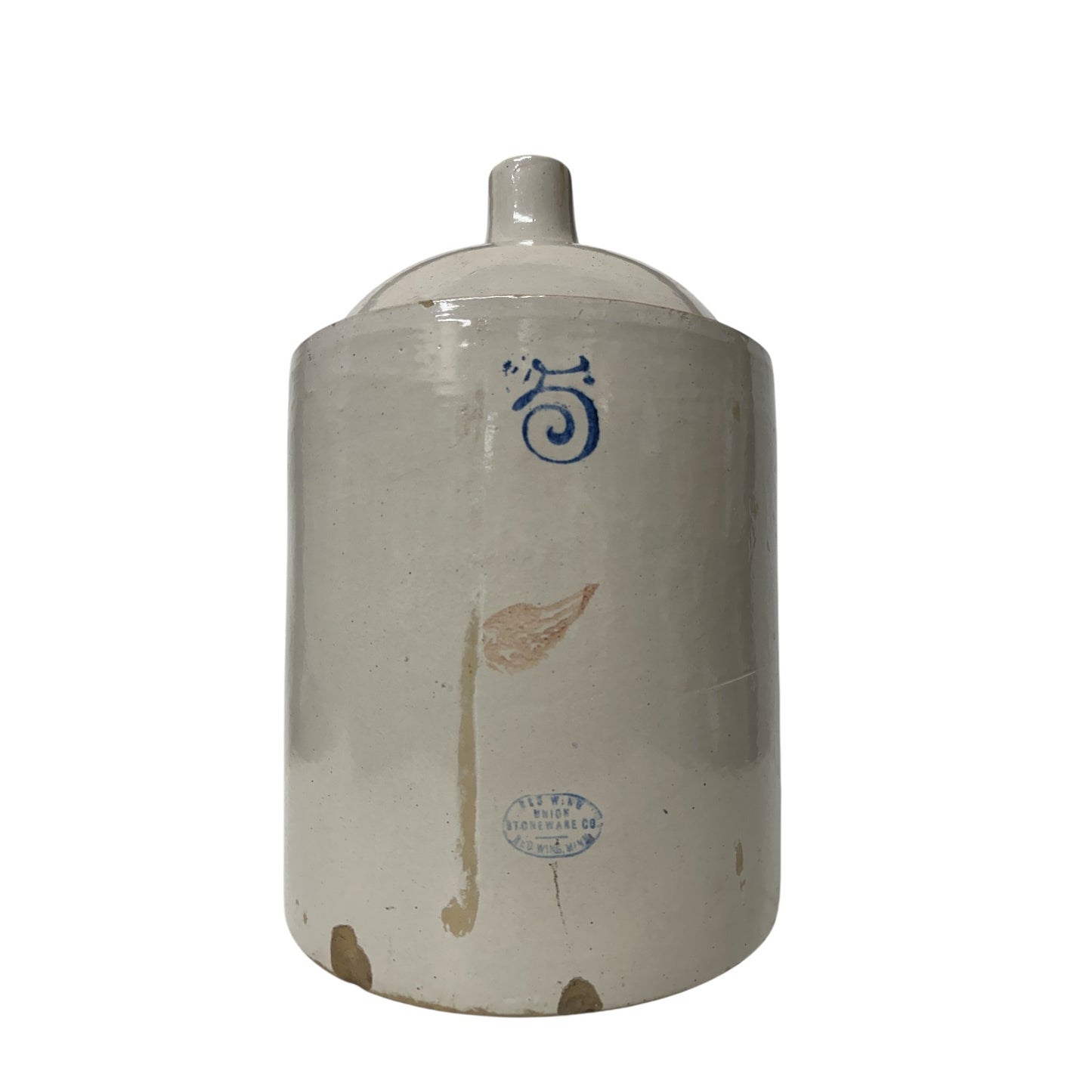 Antique Red Wing 5 Gallon Stoneware Crock Jug, Cobalt Wing Logo