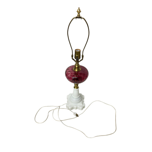 Vintage Hollywood Regency Cranberry & Milk Glass Table Lamp