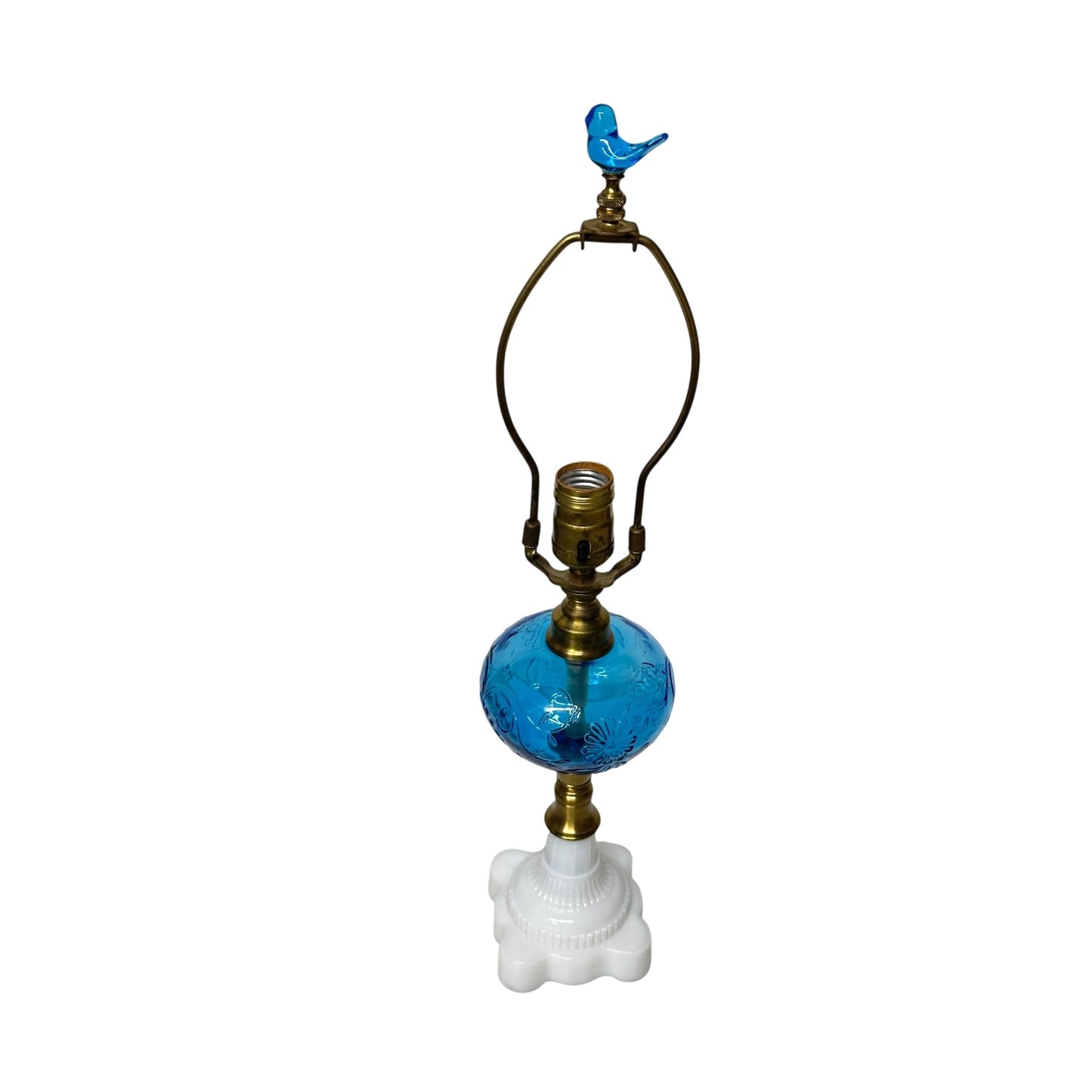 Vintage Mid-Century Blue Glass Lamp with Milk Glass Base & Bird Finial