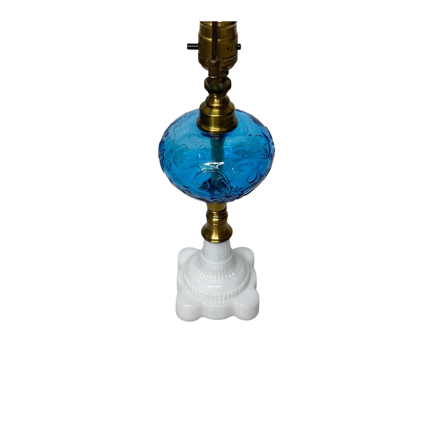 Vintage Mid-Century Blue Glass Lamp with Milk Glass Base & Bird Finial
