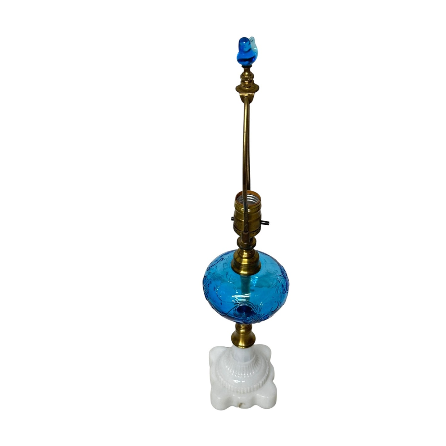 Vintage Mid-Century Blue Glass Lamp with Milk Glass Base & Bird Finial