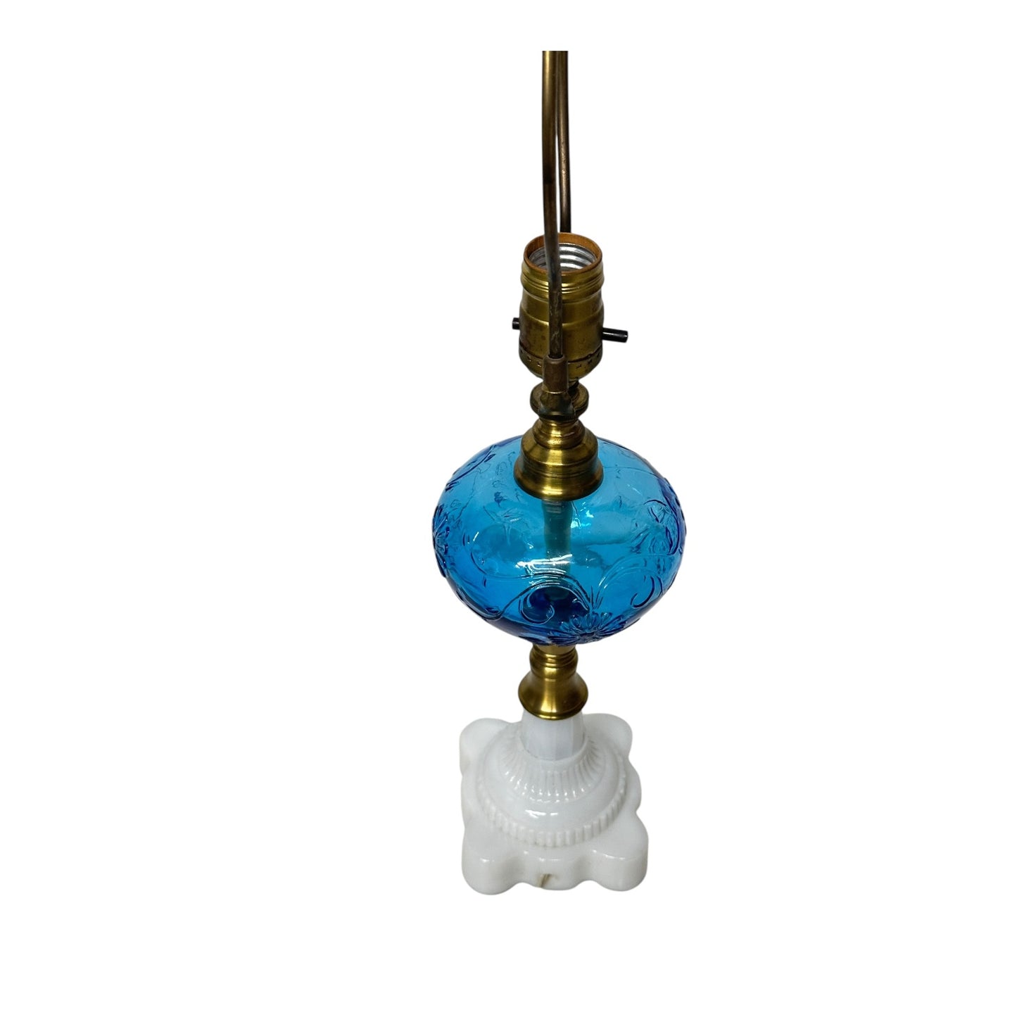 Vintage Mid-Century Blue Glass Lamp with Milk Glass Base & Bird Finial