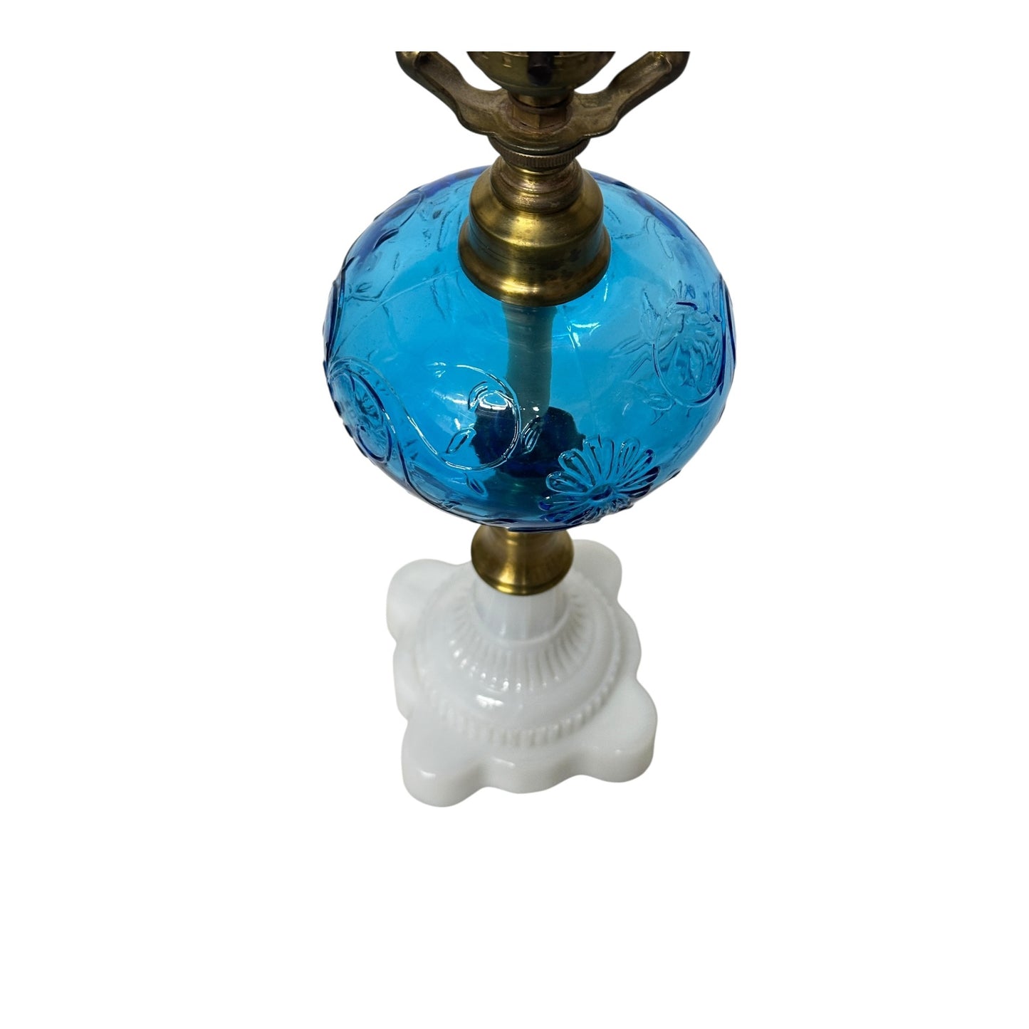Vintage Mid-Century Blue Glass Lamp with Milk Glass Base & Bird Finial