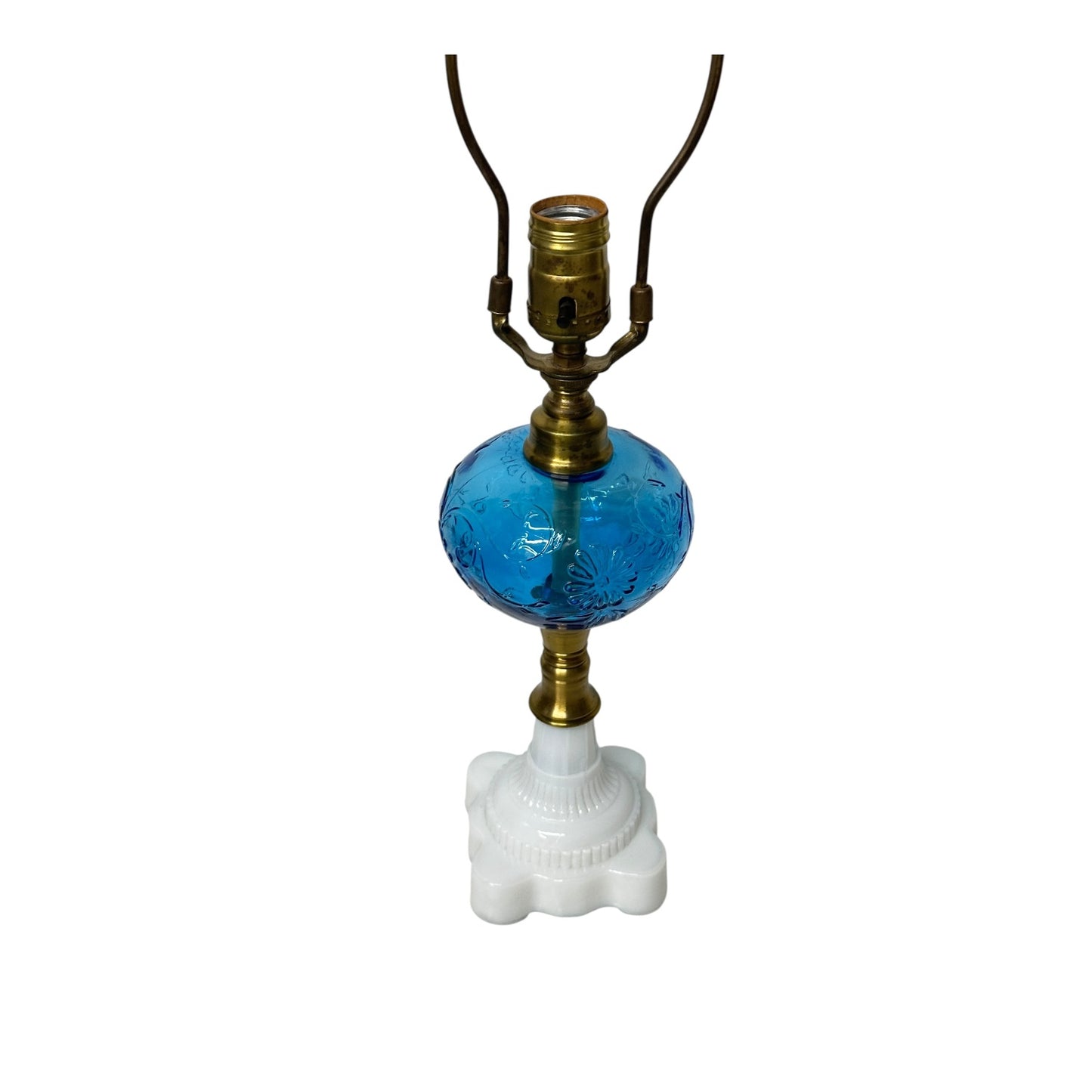 Vintage Mid-Century Blue Glass Lamp with Milk Glass Base & Bird Finial