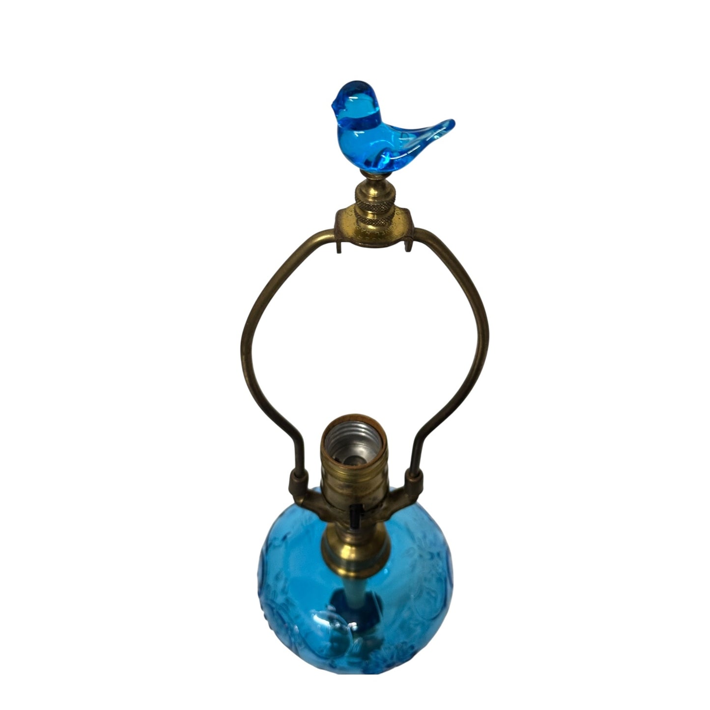 Vintage Mid-Century Blue Glass Lamp with Milk Glass Base & Bird Finial