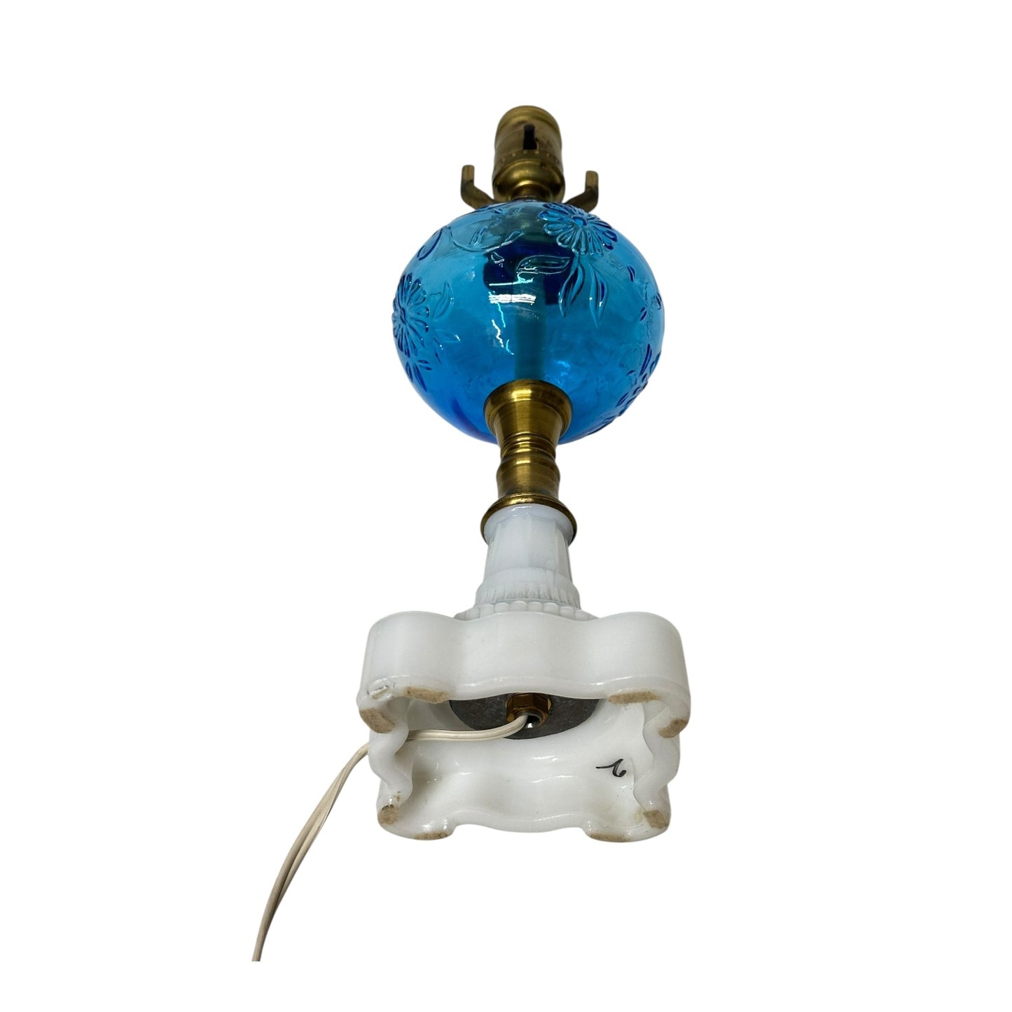 Vintage Mid-Century Blue Glass Lamp with Milk Glass Base & Bird Finial