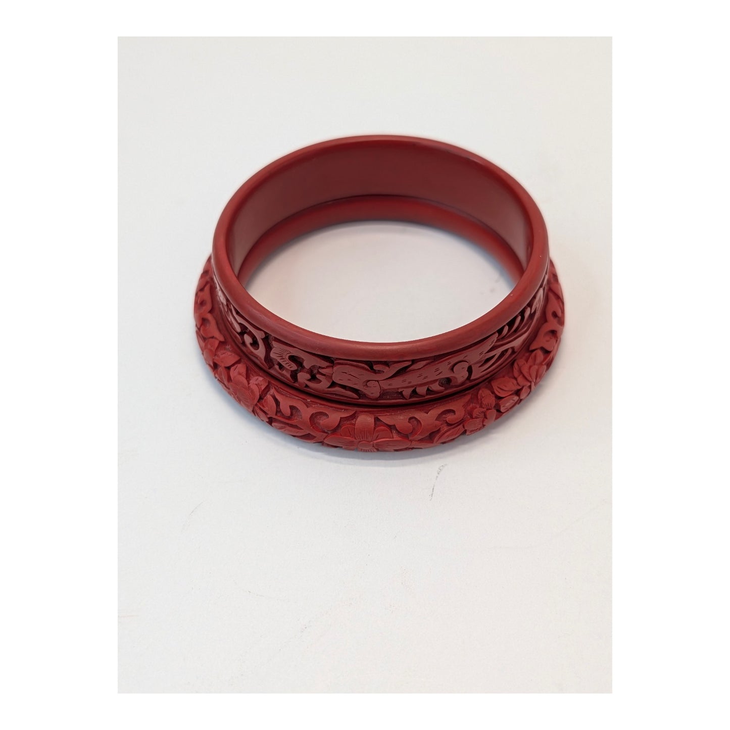 Vintage Carved Red Cinnabar Style Floral Bangle Bracelet Set