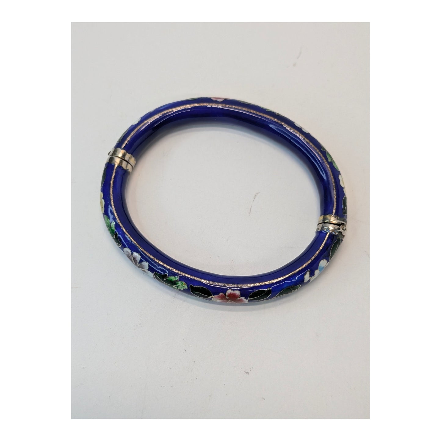 Vintage Chinese Cloisonné Enamel Bangle Cobalt Blue Floral Hinged Bracelet