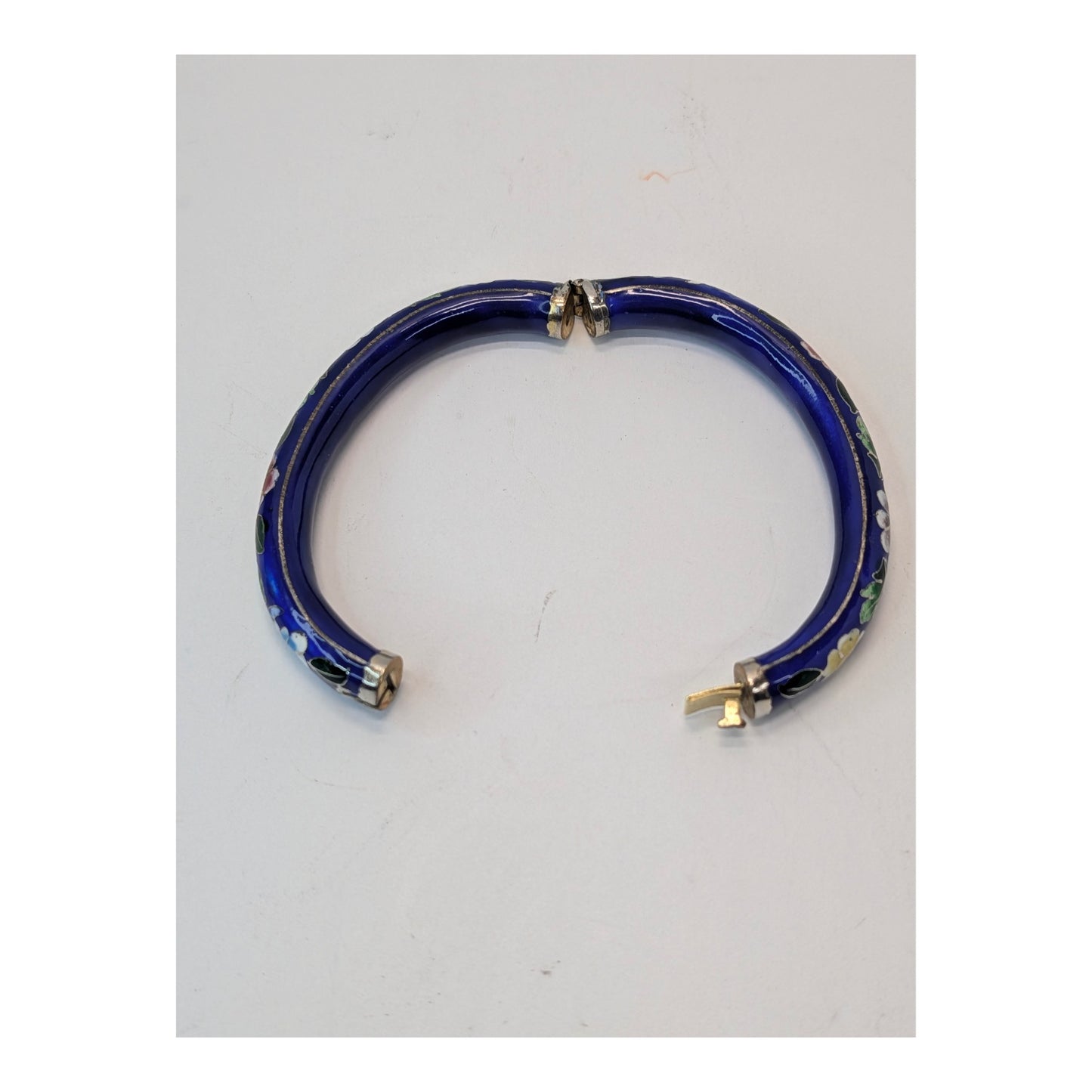 Vintage Chinese Cloisonné Enamel Bangle Cobalt Blue Floral Hinged Bracelet