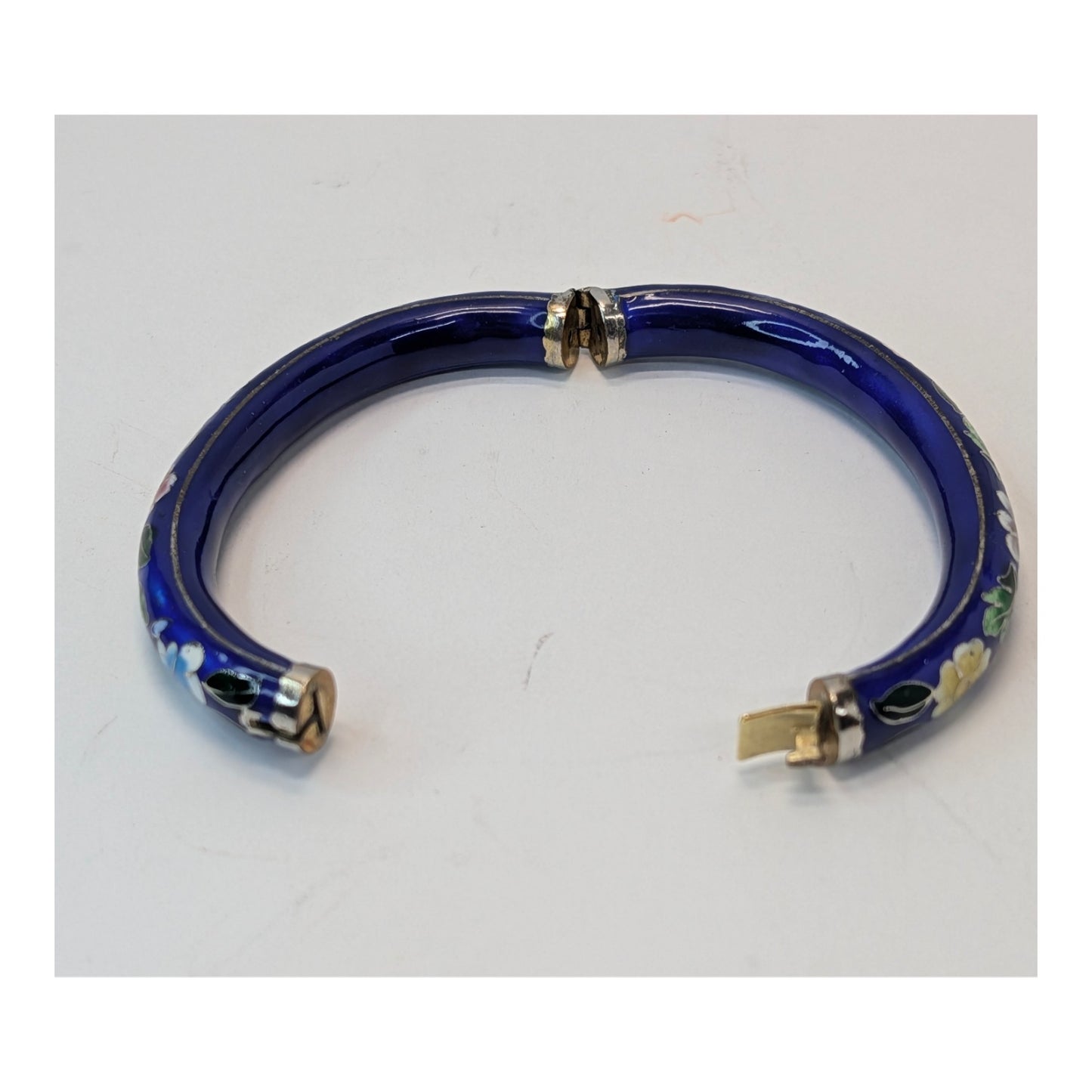 Vintage Chinese Cloisonné Enamel Bangle Cobalt Blue Floral Hinged Bracelet