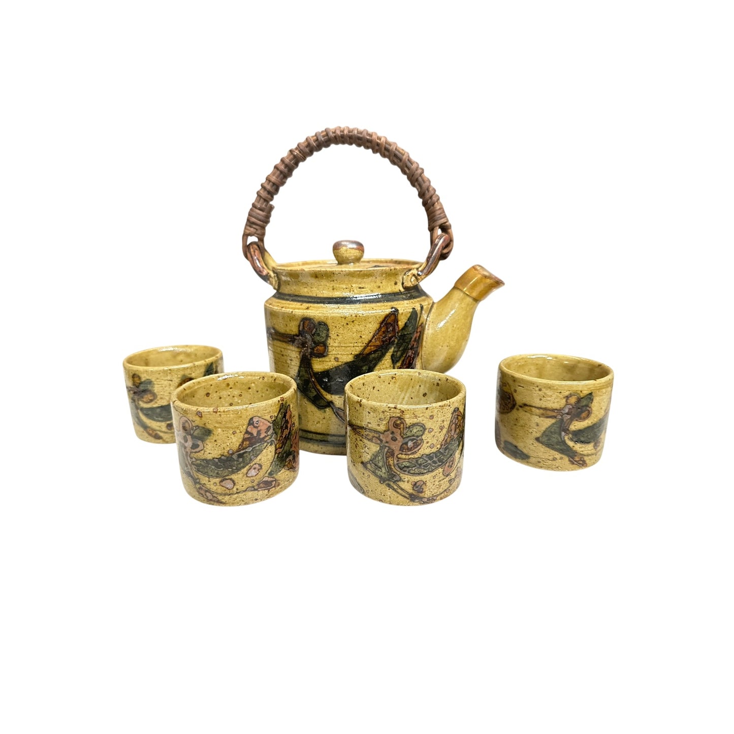 Vintage 1970s Studio Pottery Tea Set Abstract Stoneware Kyusu Teapot & 4 Cups
