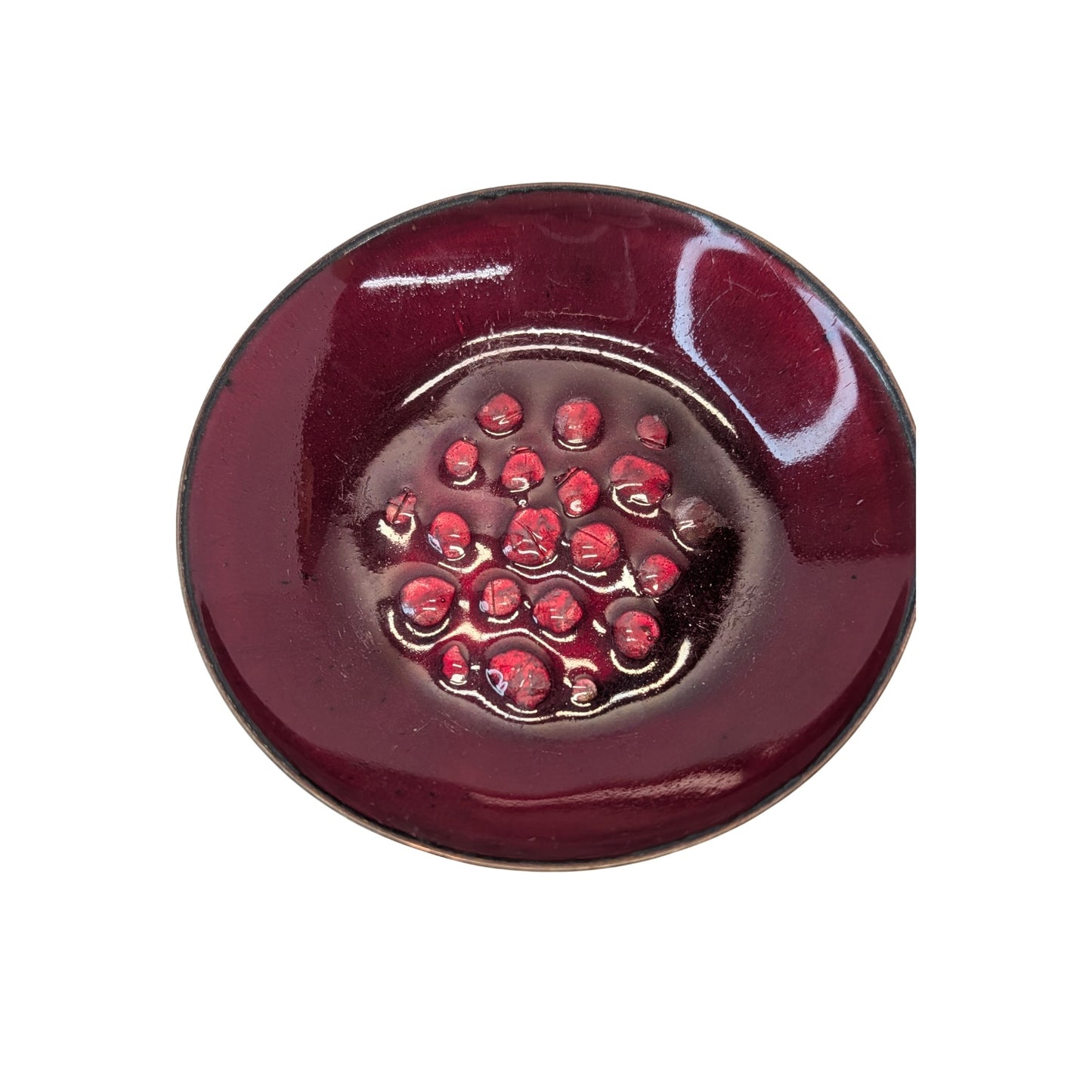 Signed Harrington Brown Carmel MCM Enamel Copper Bowl Red Jeweled Art Dish