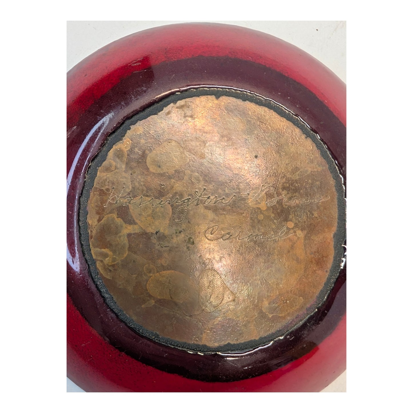 Signed Harrington Brown Carmel MCM Enamel Copper Bowl Red Jeweled Art Dish