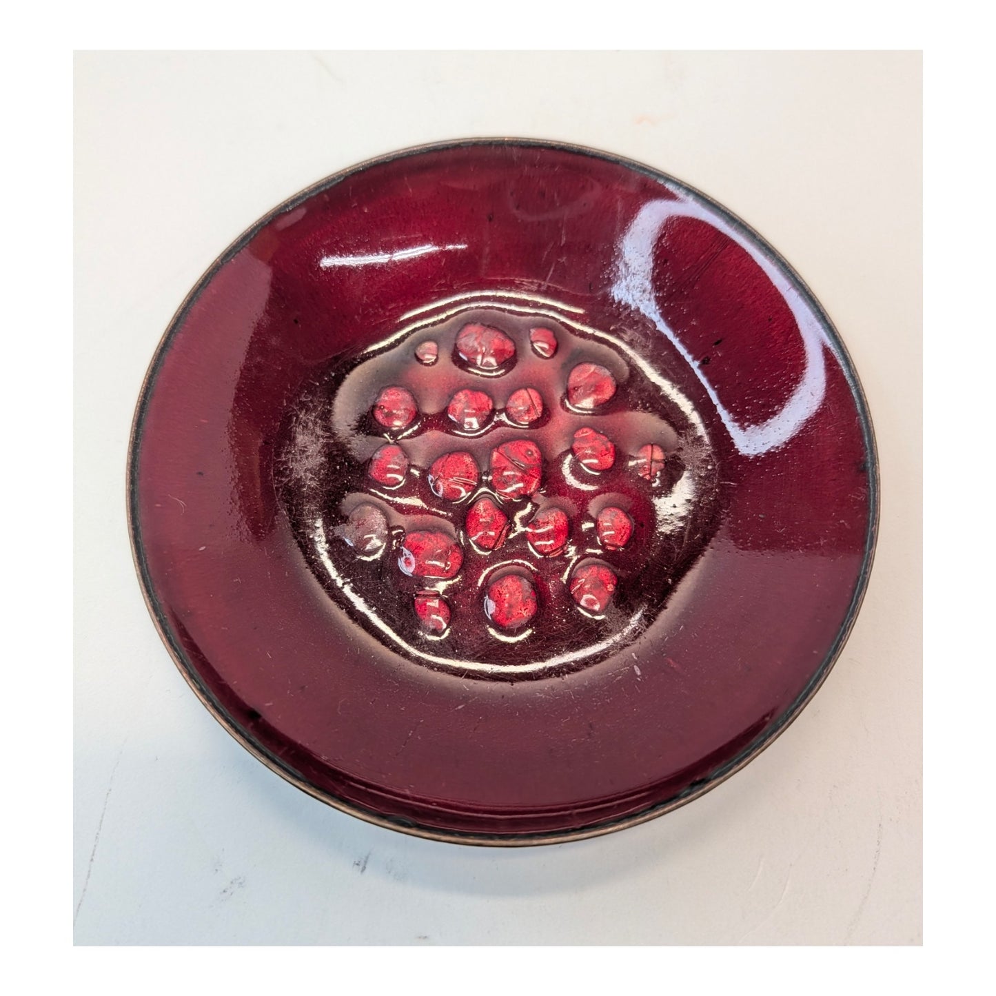 Signed Harrington Brown Carmel MCM Enamel Copper Bowl Red Jeweled Art Dish