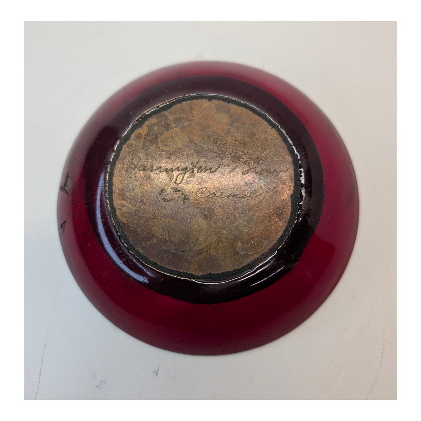 Signed Harrington Brown Carmel MCM Enamel Copper Bowl Red Jeweled Art Dish