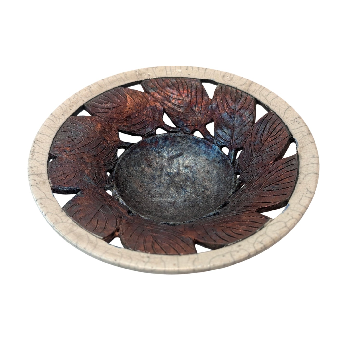 Clayton Studio Pottery Raku Pierced Leaf Bowl Metallic Crackle Glaze 10.5"