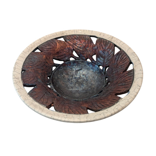 Clayton Studio Pottery Raku Pierced Leaf Bowl Metallic Crackle Glaze 10.5"