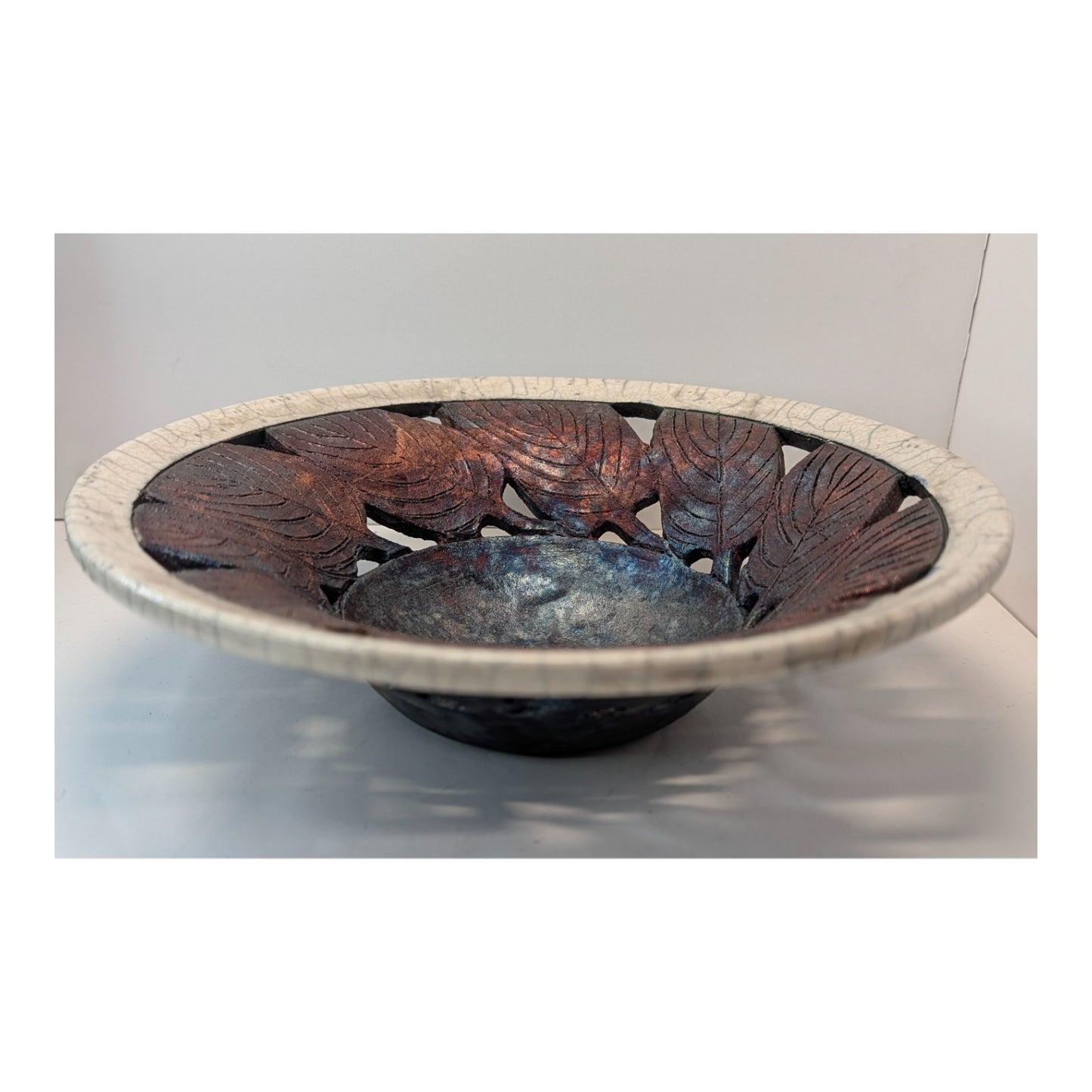 Clayton Studio Pottery Raku Pierced Leaf Bowl Metallic Crackle Glaze 10.5"