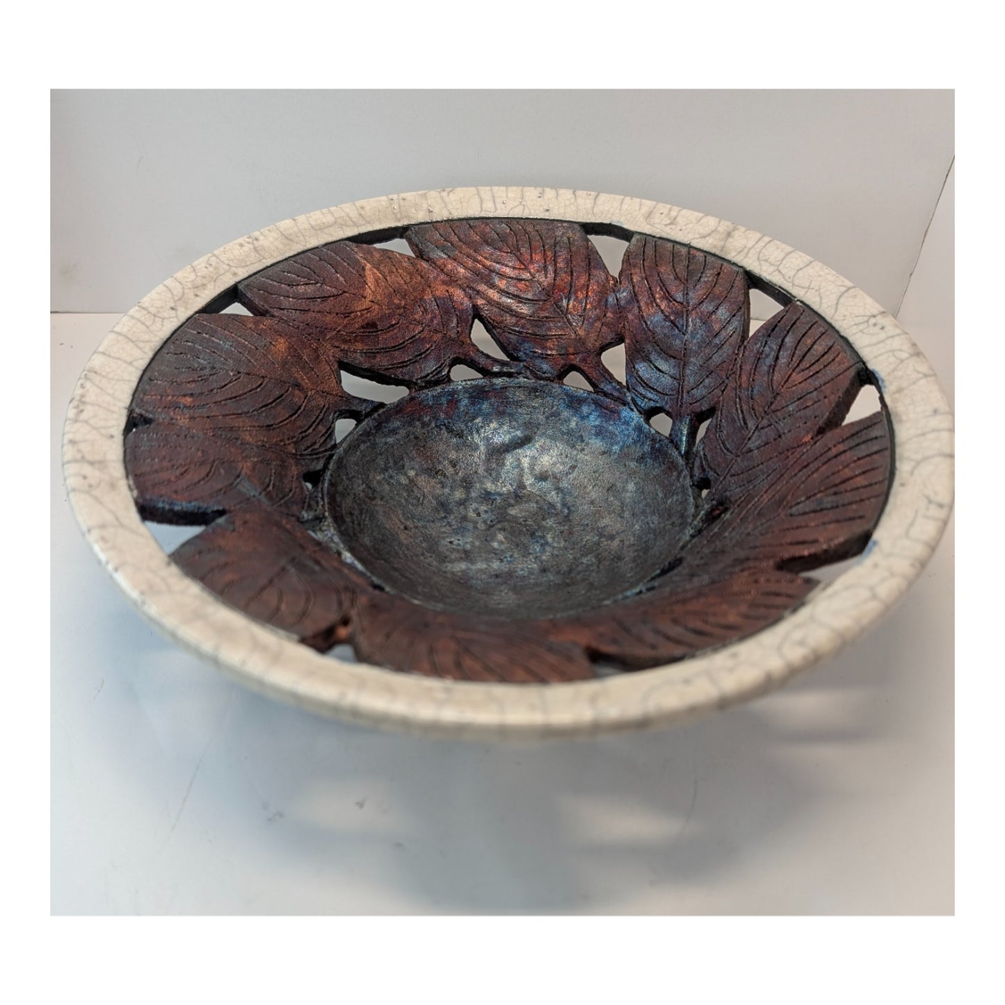 Clayton Studio Pottery Raku Pierced Leaf Bowl Metallic Crackle Glaze 10.5"