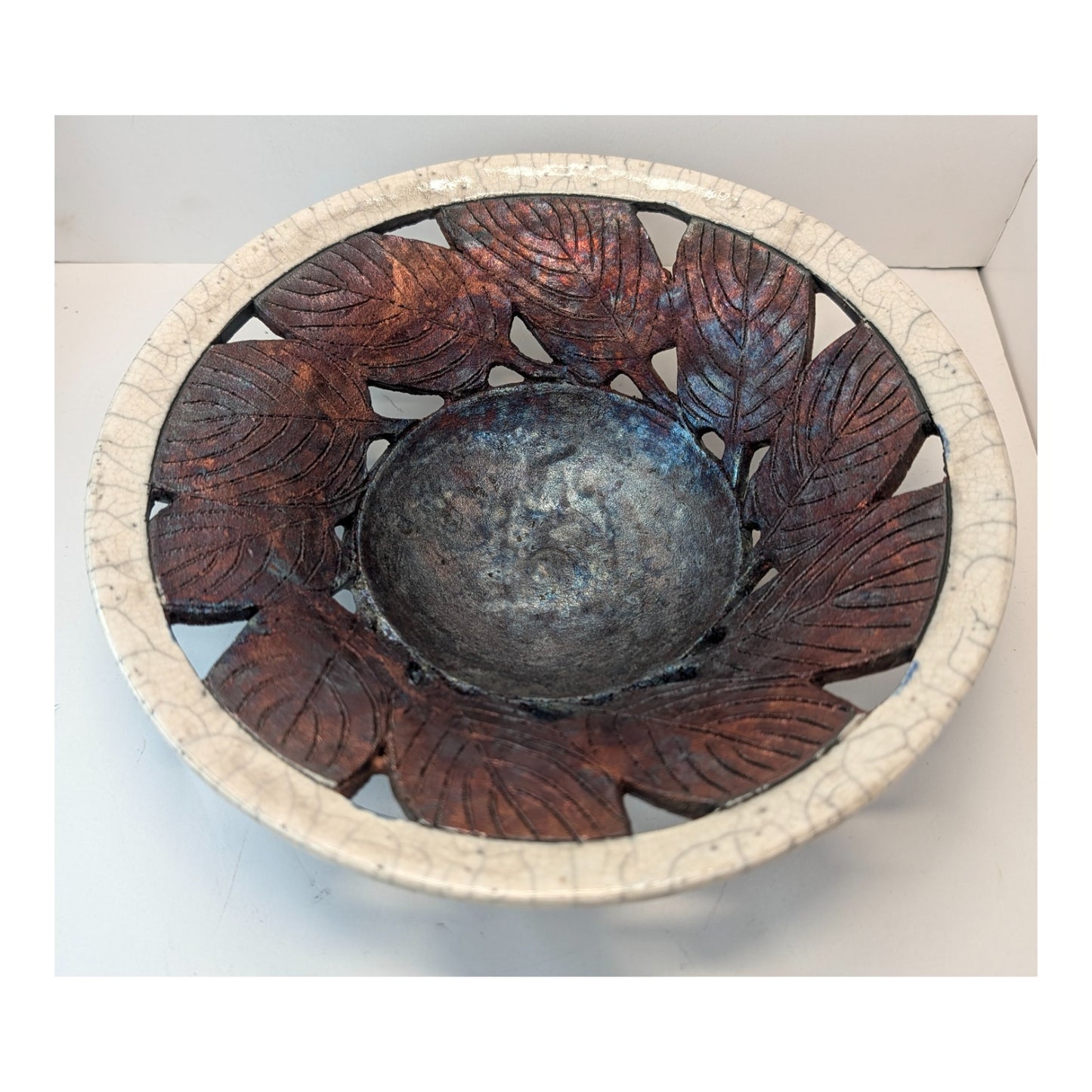 Clayton Studio Pottery Raku Pierced Leaf Bowl Metallic Crackle Glaze 10.5"
