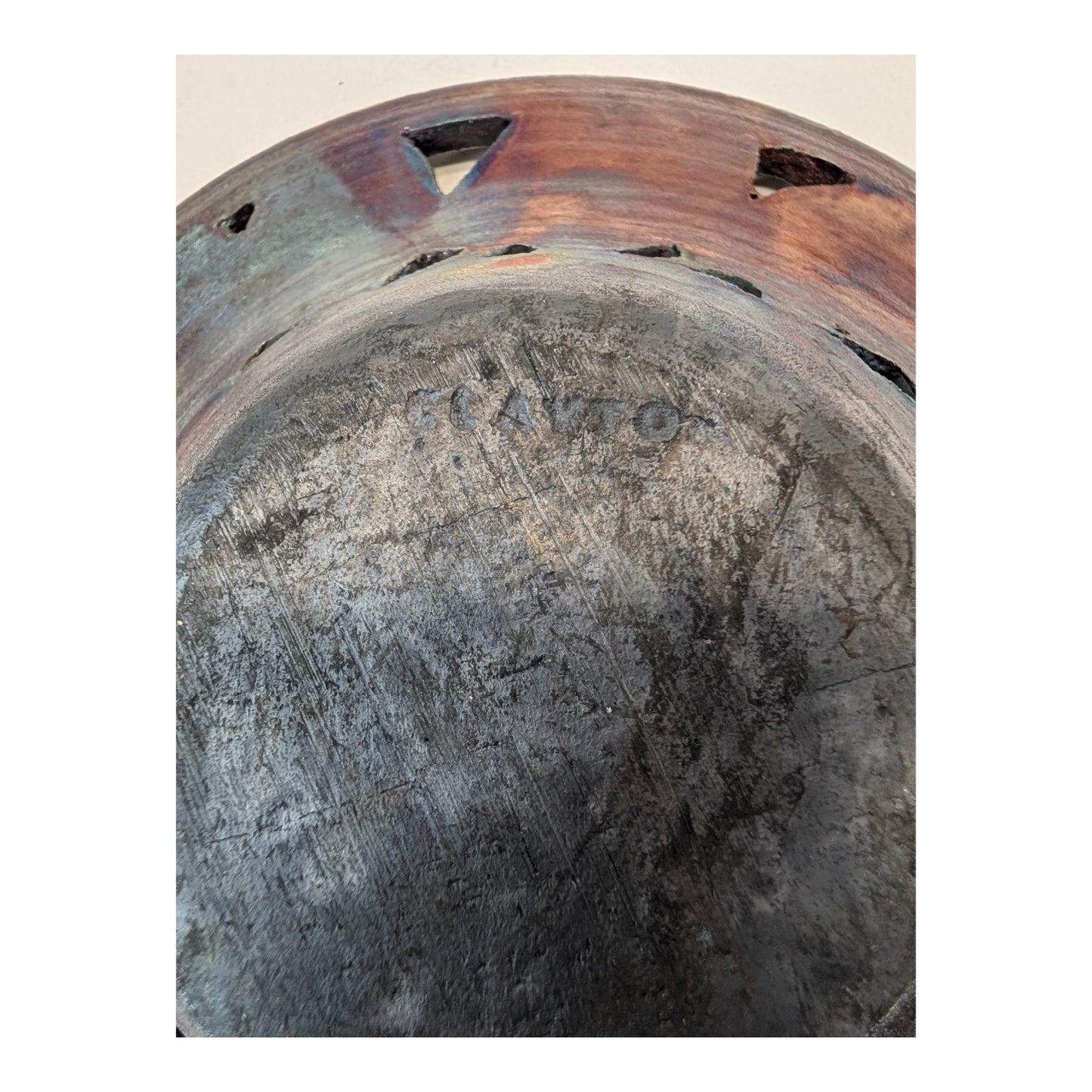Clayton Studio Pottery Raku Pierced Leaf Bowl Metallic Crackle Glaze 10.5"
