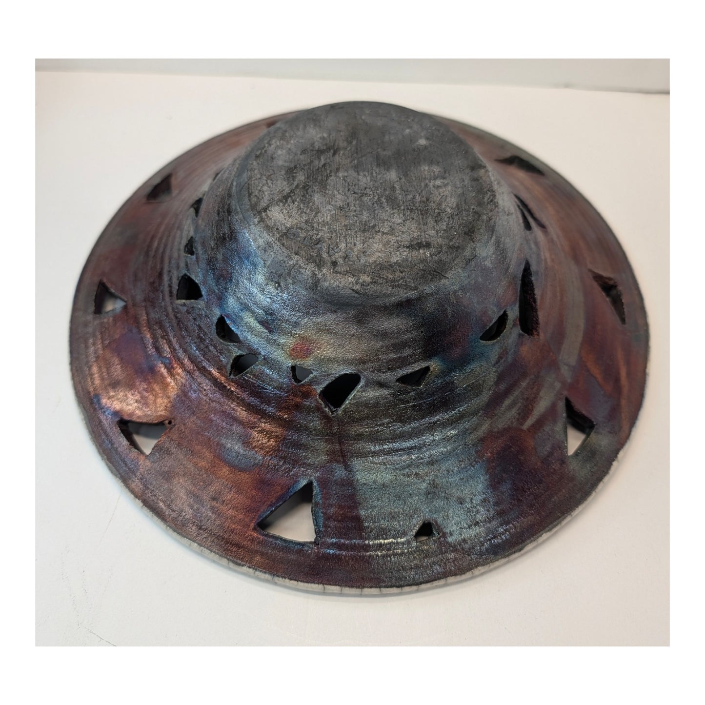 Clayton Studio Pottery Raku Pierced Leaf Bowl Metallic Crackle Glaze 10.5"