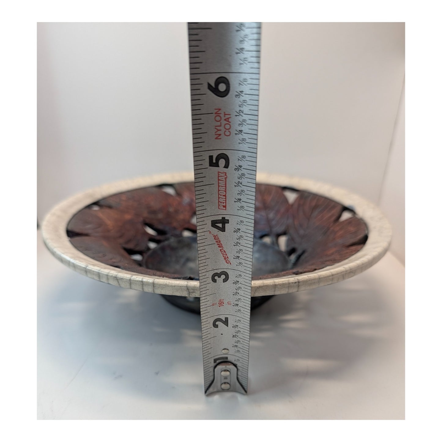 Clayton Studio Pottery Raku Pierced Leaf Bowl Metallic Crackle Glaze 10.5"