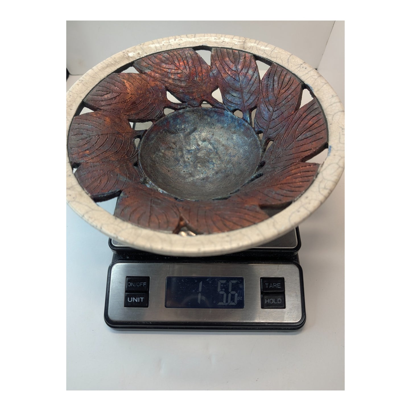 Clayton Studio Pottery Raku Pierced Leaf Bowl Metallic Crackle Glaze 10.5"