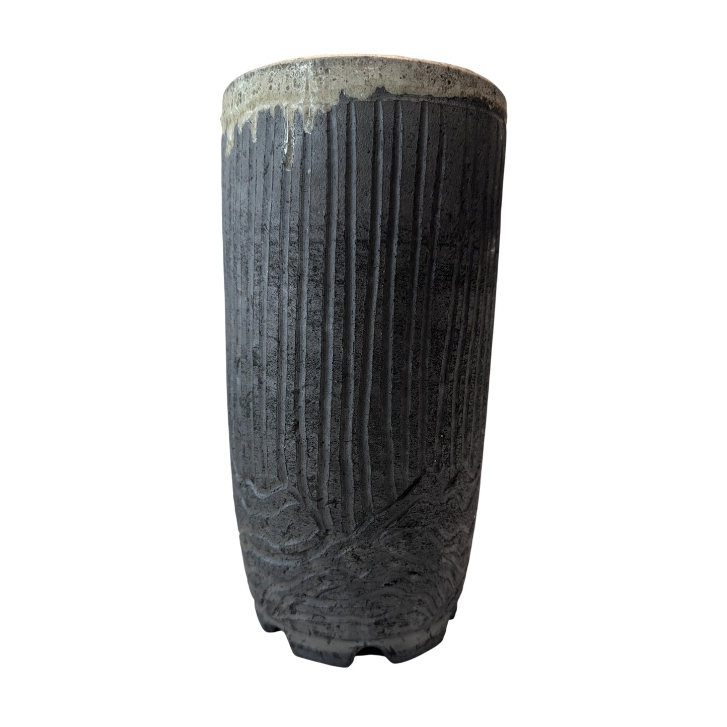 Studio Pottery Brutalist Vase Carved Fluted Ash Glaze Rim Signed Hansen 10"
