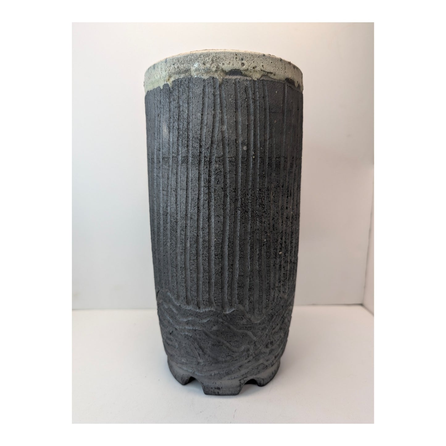Studio Pottery Brutalist Vase Carved Fluted Ash Glaze Rim Signed Hansen 10"