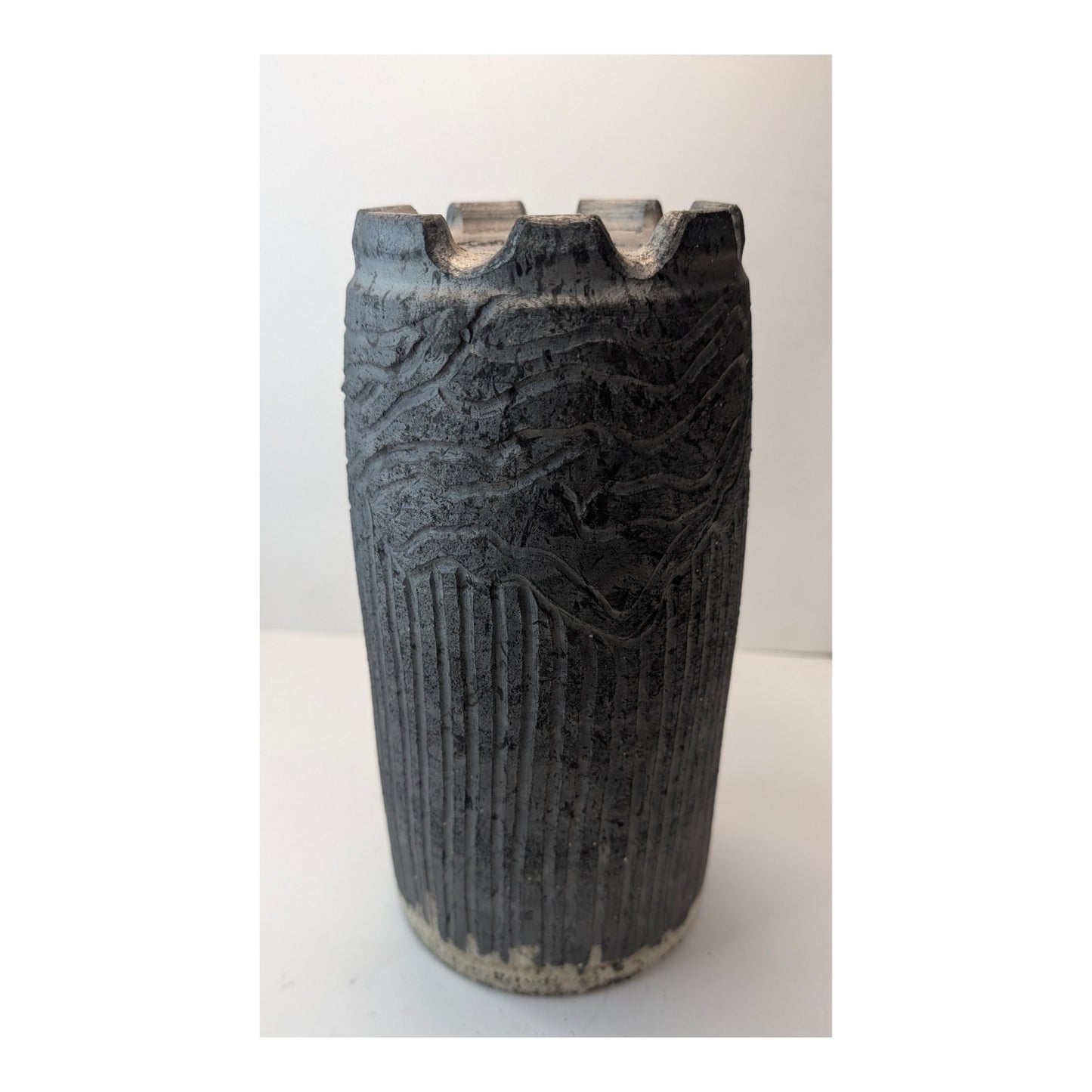 Studio Pottery Brutalist Vase Carved Fluted Ash Glaze Rim Signed Hansen 10"