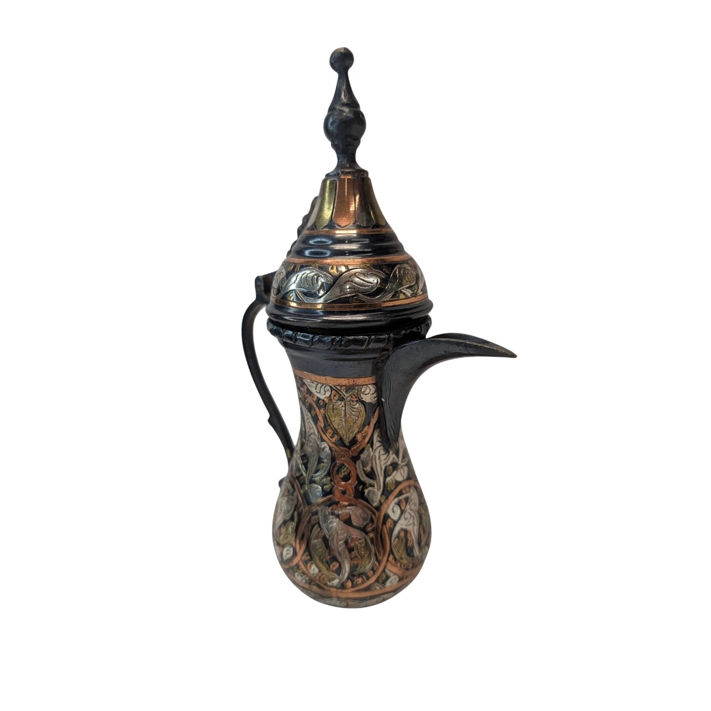 Vintage Syrian Mixed Metal Dallah Coffee Pot Hand-Chased Copper & Silver