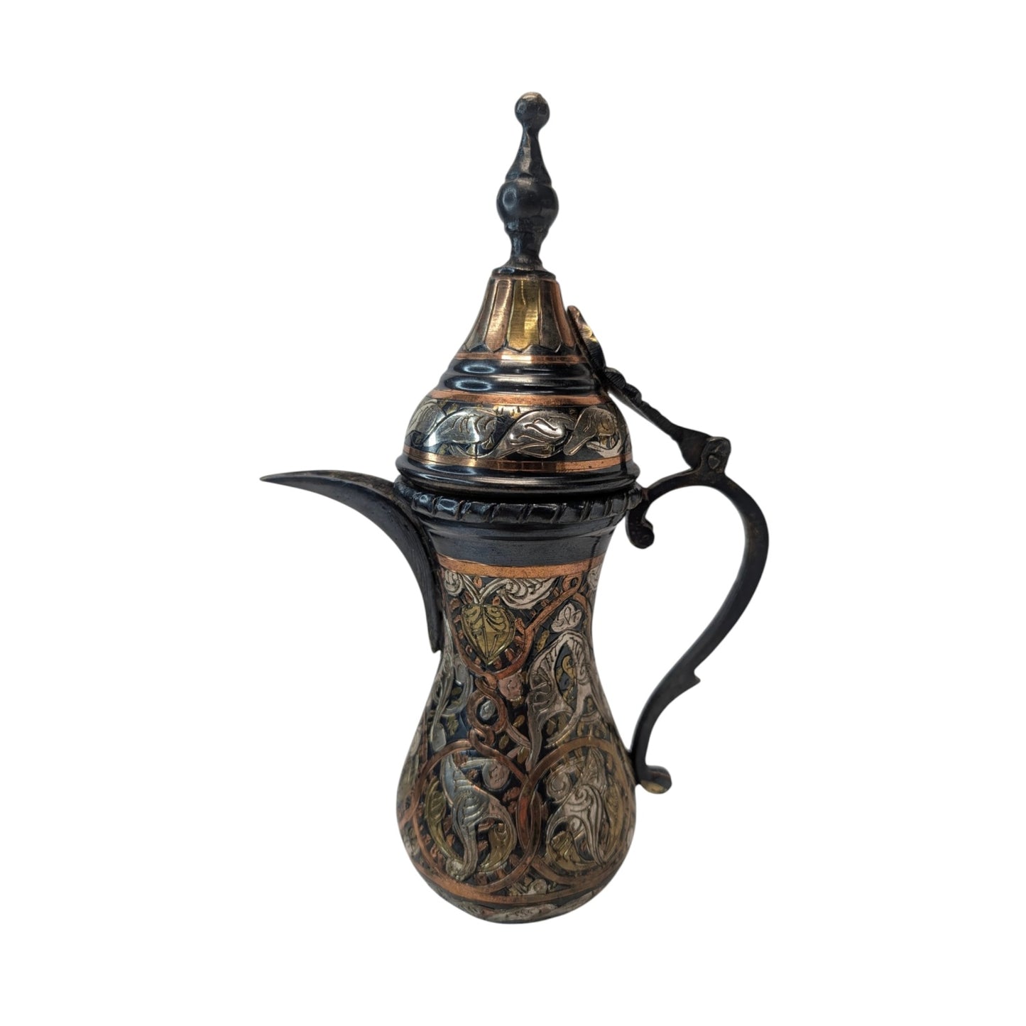 Vintage Syrian Mixed Metal Dallah Coffee Pot Hand-Chased Copper & Silver