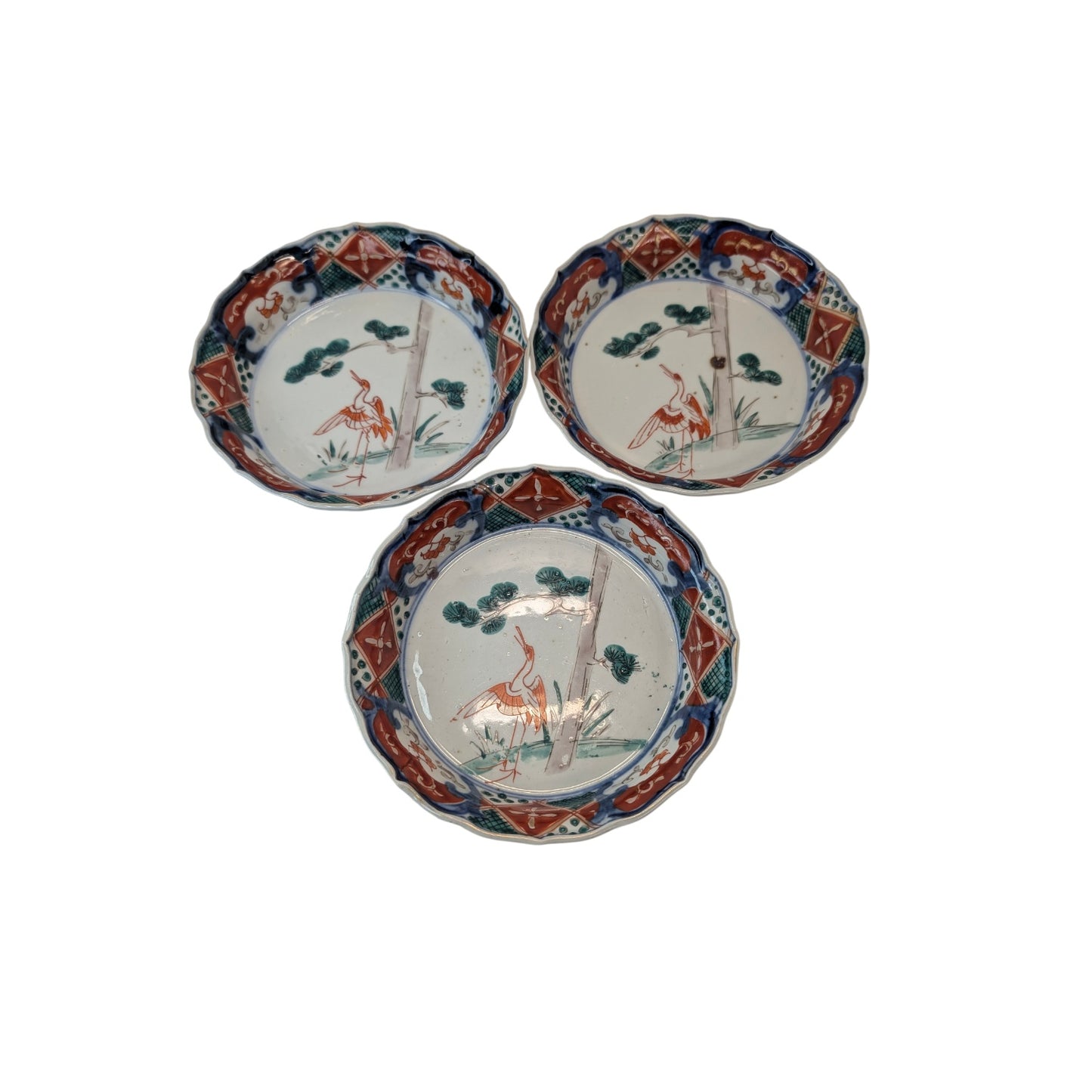 Set of 3 Antique Japanese Imari Porcelain Bowls Crane & Pine Motif c. 1900