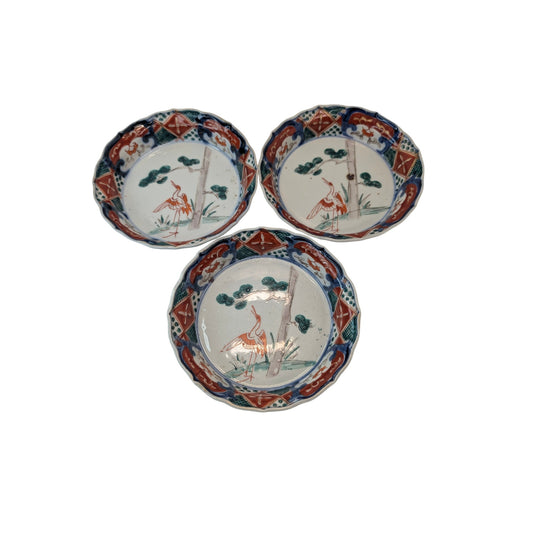 Set of 3 Antique Japanese Imari Porcelain Bowls Crane & Pine Motif c. 1900