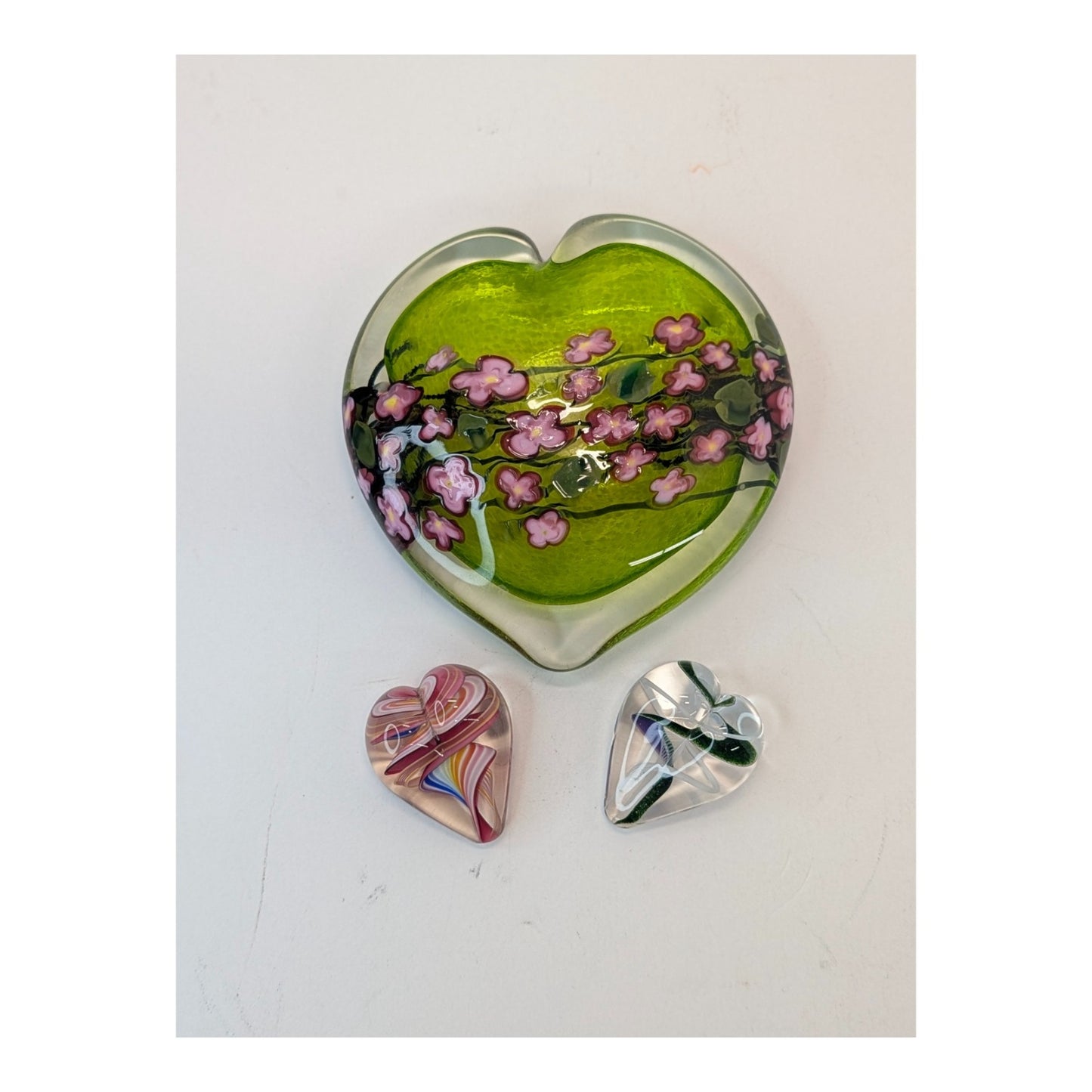 Vintage Murano-Style Art Glass Heart Bowl & Paperweight Set (3pc)