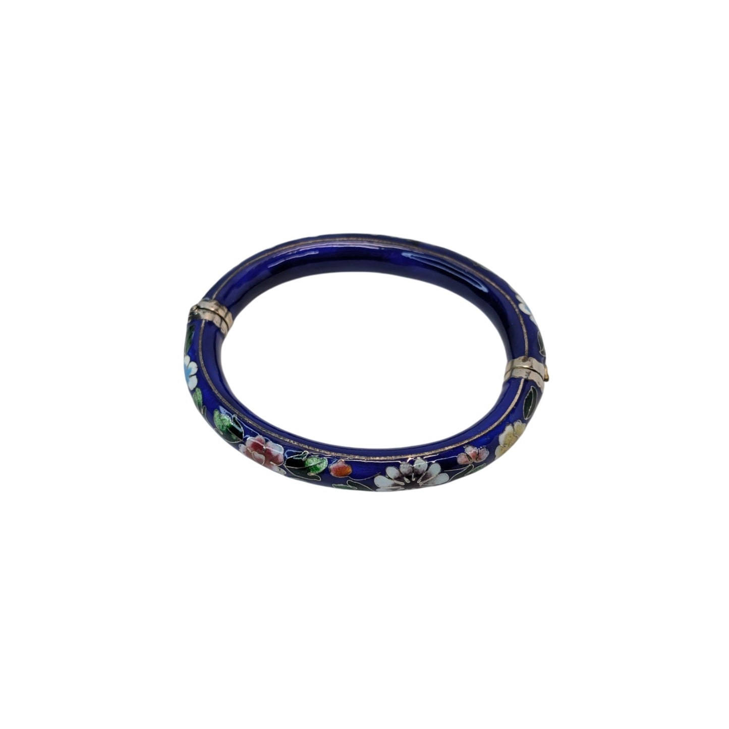 Vintage Cobalt Blue Floral Cloisonné Hinged Bangle Bracelet