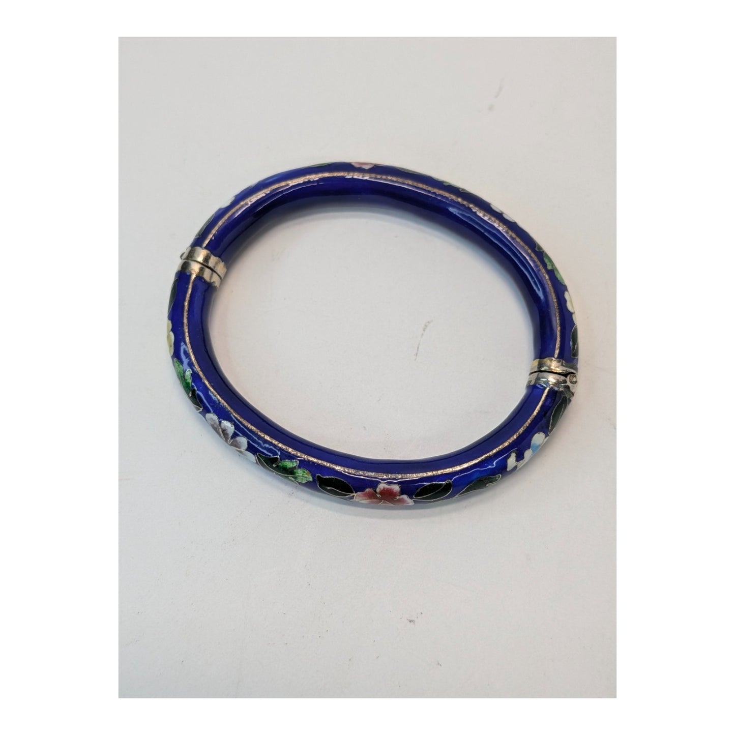 Vintage Cobalt Blue Floral Cloisonné Hinged Bangle Bracelet