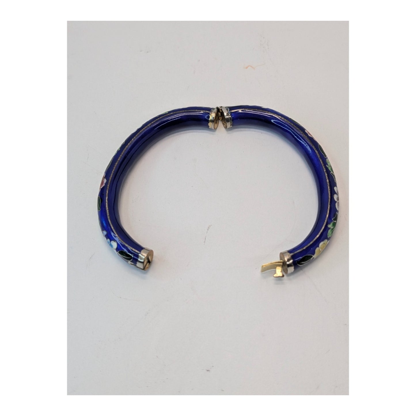 Vintage Cobalt Blue Floral Cloisonné Hinged Bangle Bracelet