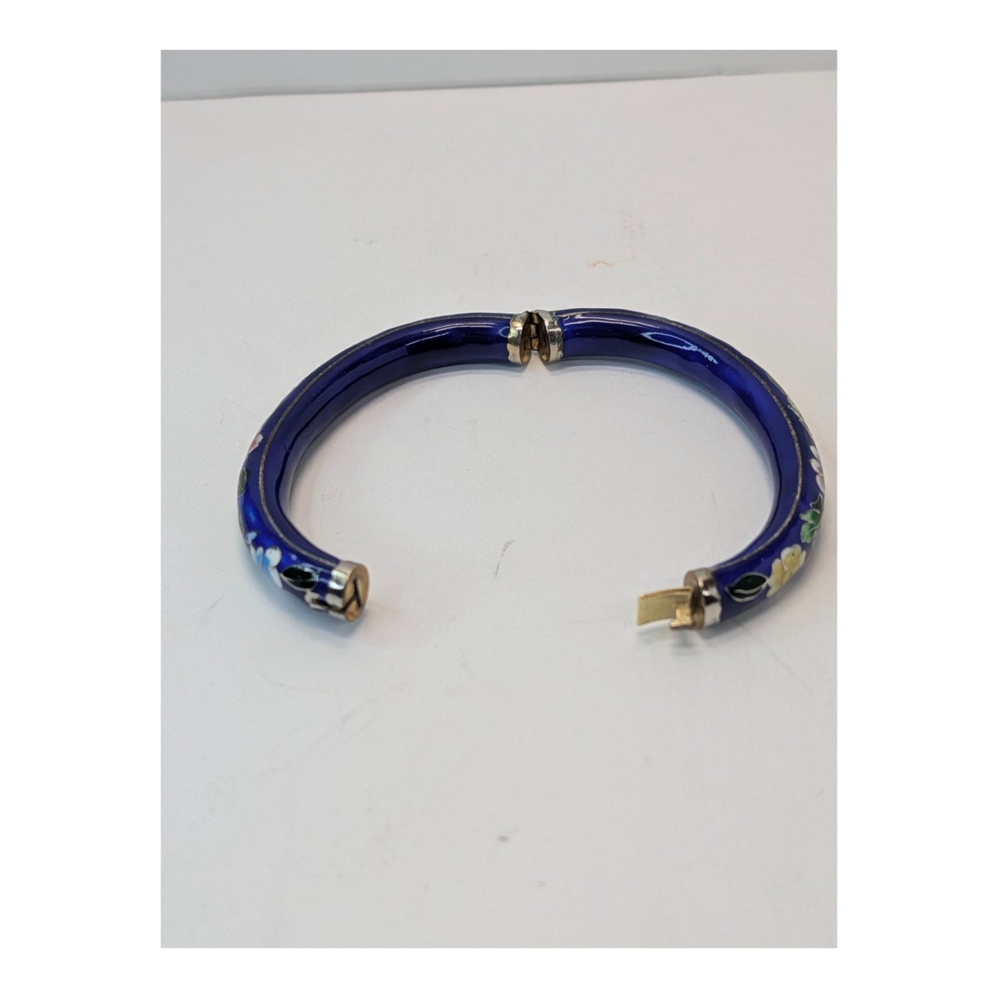 Vintage Cobalt Blue Floral Cloisonné Hinged Bangle Bracelet