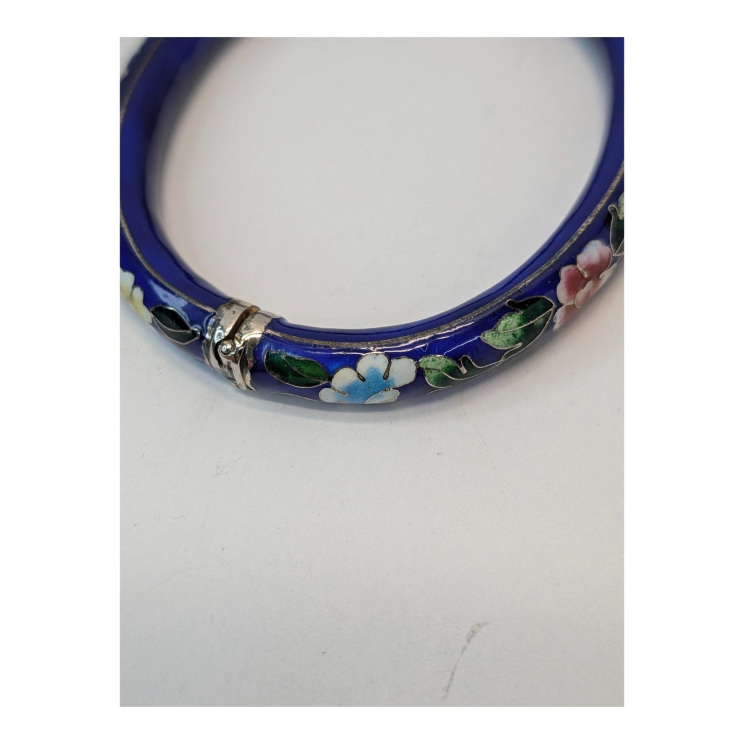 Vintage Cobalt Blue Floral Cloisonné Hinged Bangle Bracelet