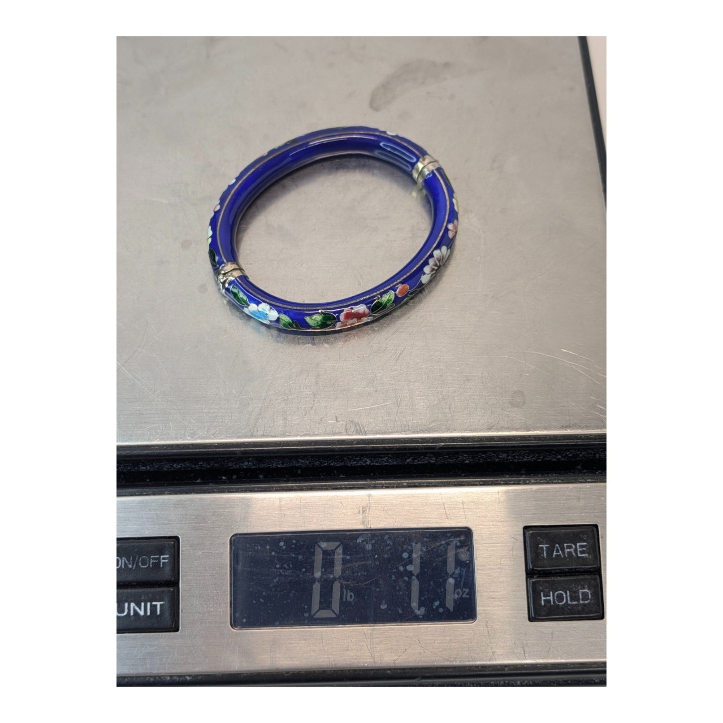 Vintage Cobalt Blue Floral Cloisonné Hinged Bangle Bracelet