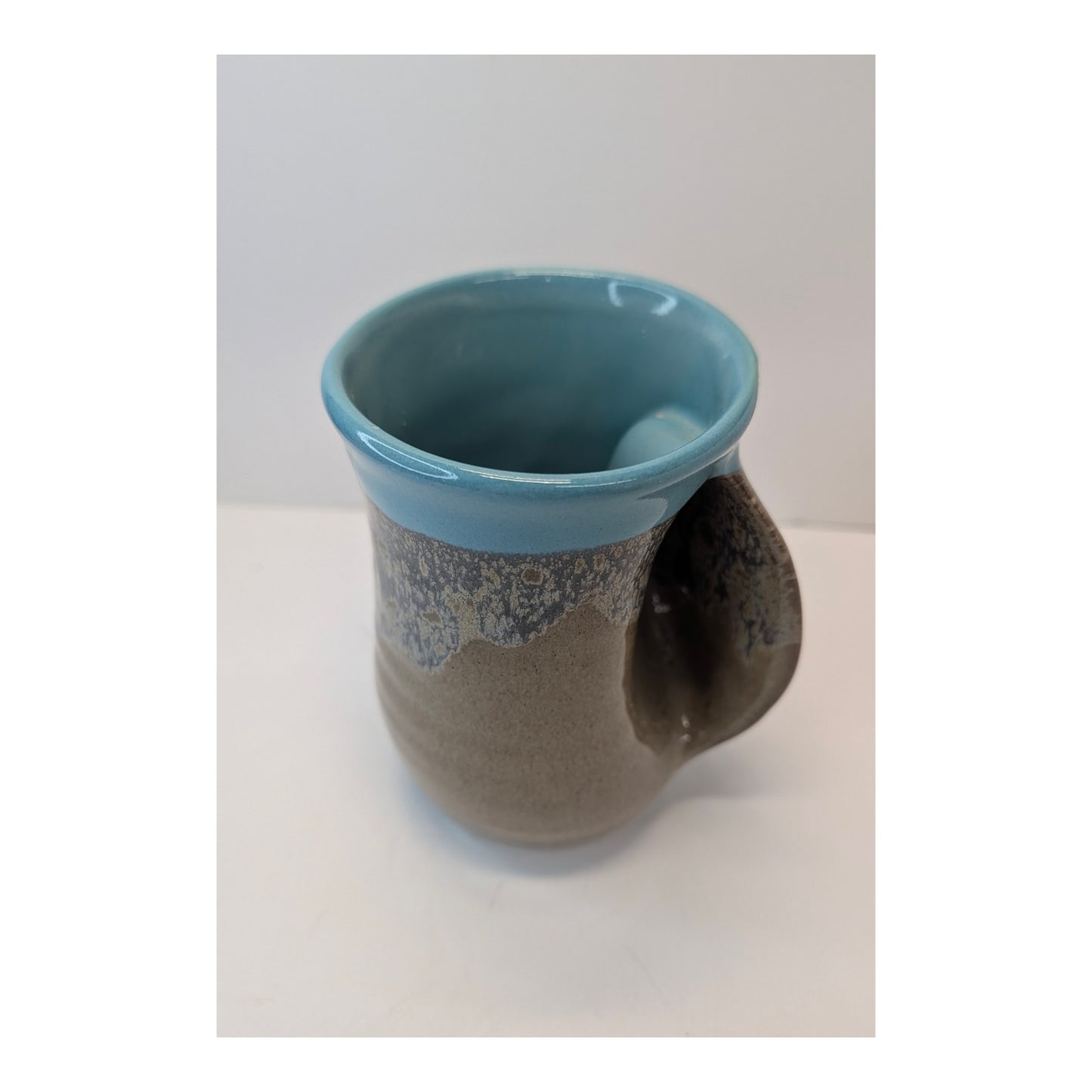 Signed Neher Pottery Hand Warmer Mug, Turquoise & Earth Tone Glaze