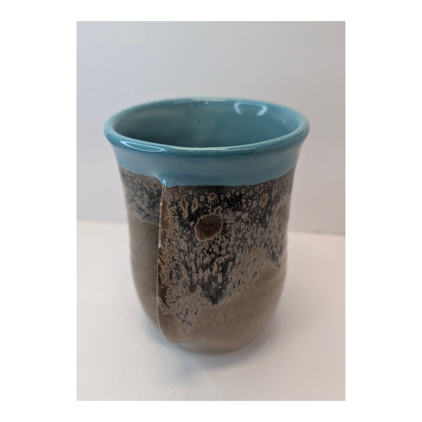 Signed Neher Pottery Hand Warmer Mug, Turquoise & Earth Tone Glaze