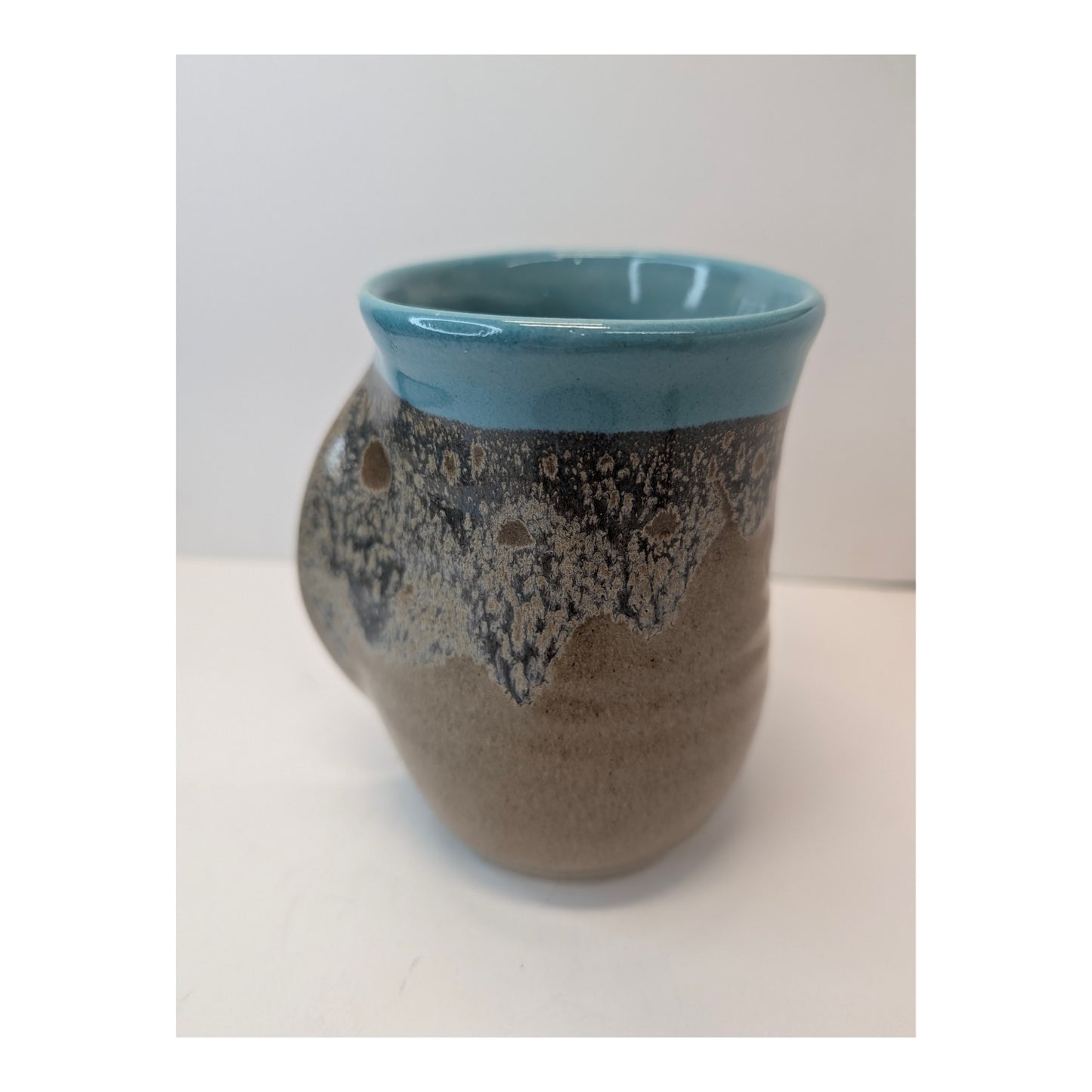 Signed Neher Pottery Hand Warmer Mug, Turquoise & Earth Tone Glaze